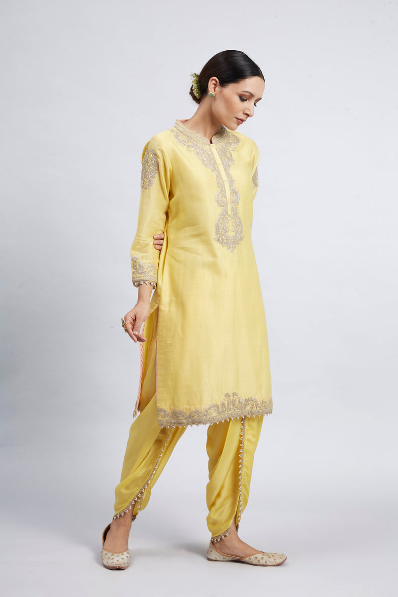 Aabisah- Daffodil Yellow Embroidered Kurta With Dhoti