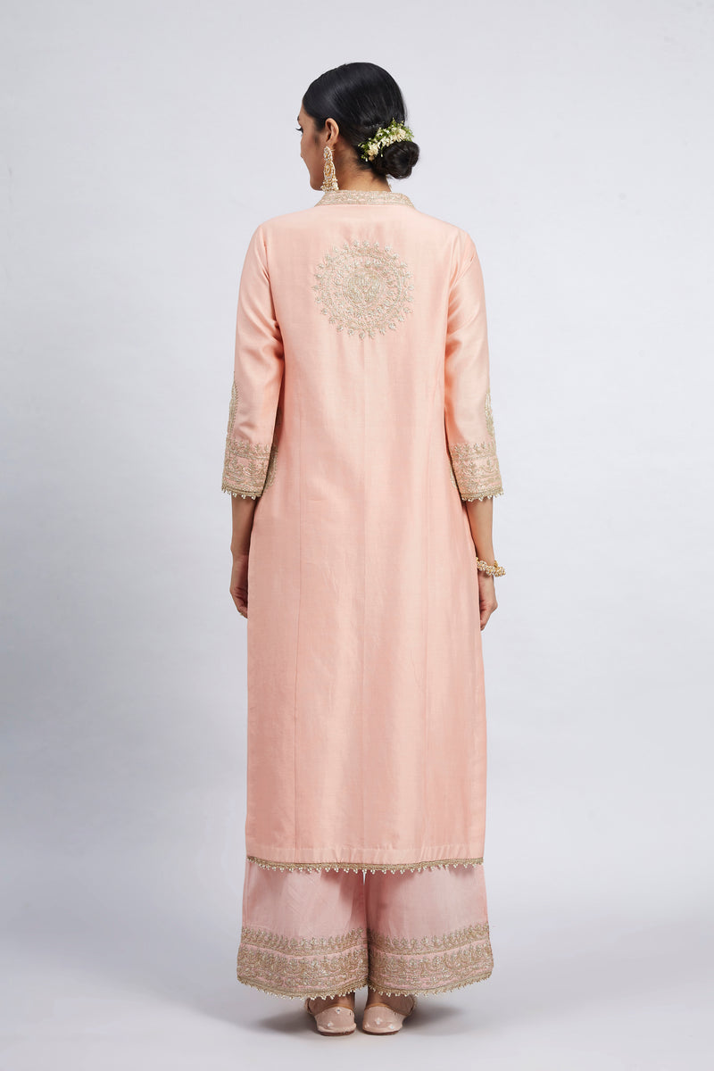 Aadirah- Carnation Pink Embroidered Kurta Set With Side Pockets