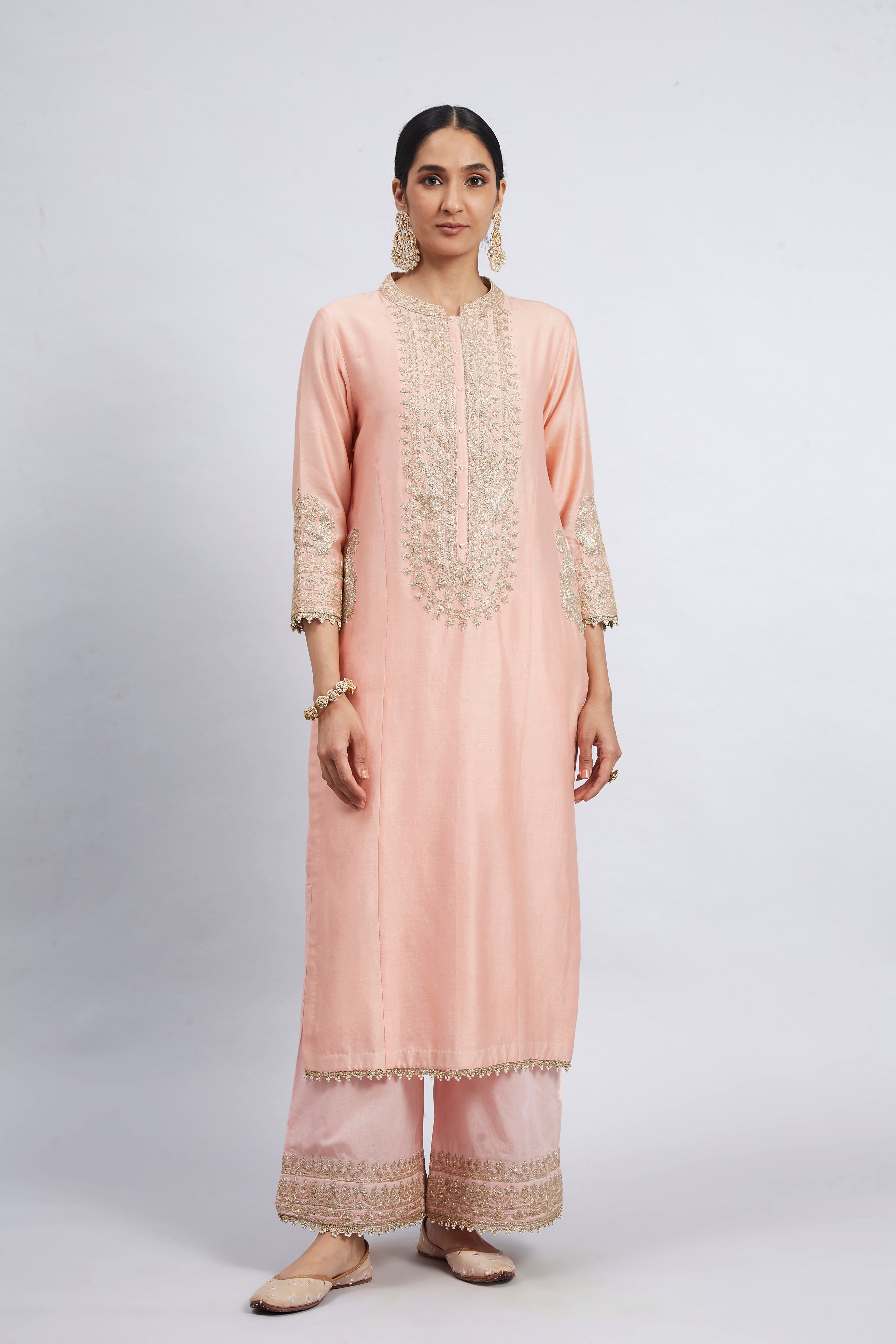 Aadirah- Carnation Pink Embroidered Kurta Set With Side Pockets