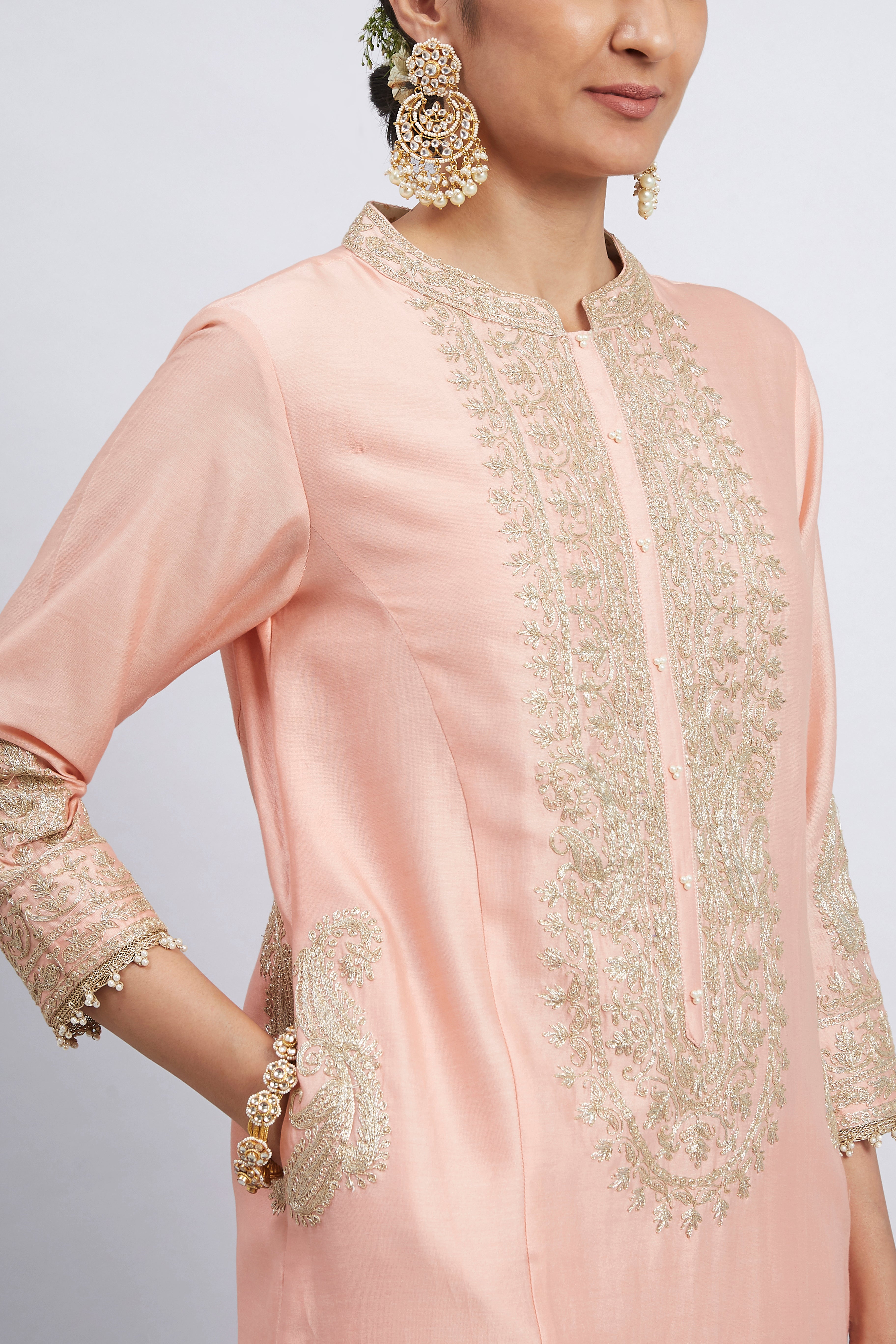 Aadirah- Carnation Pink Embroidered Kurta Set With Side Pockets