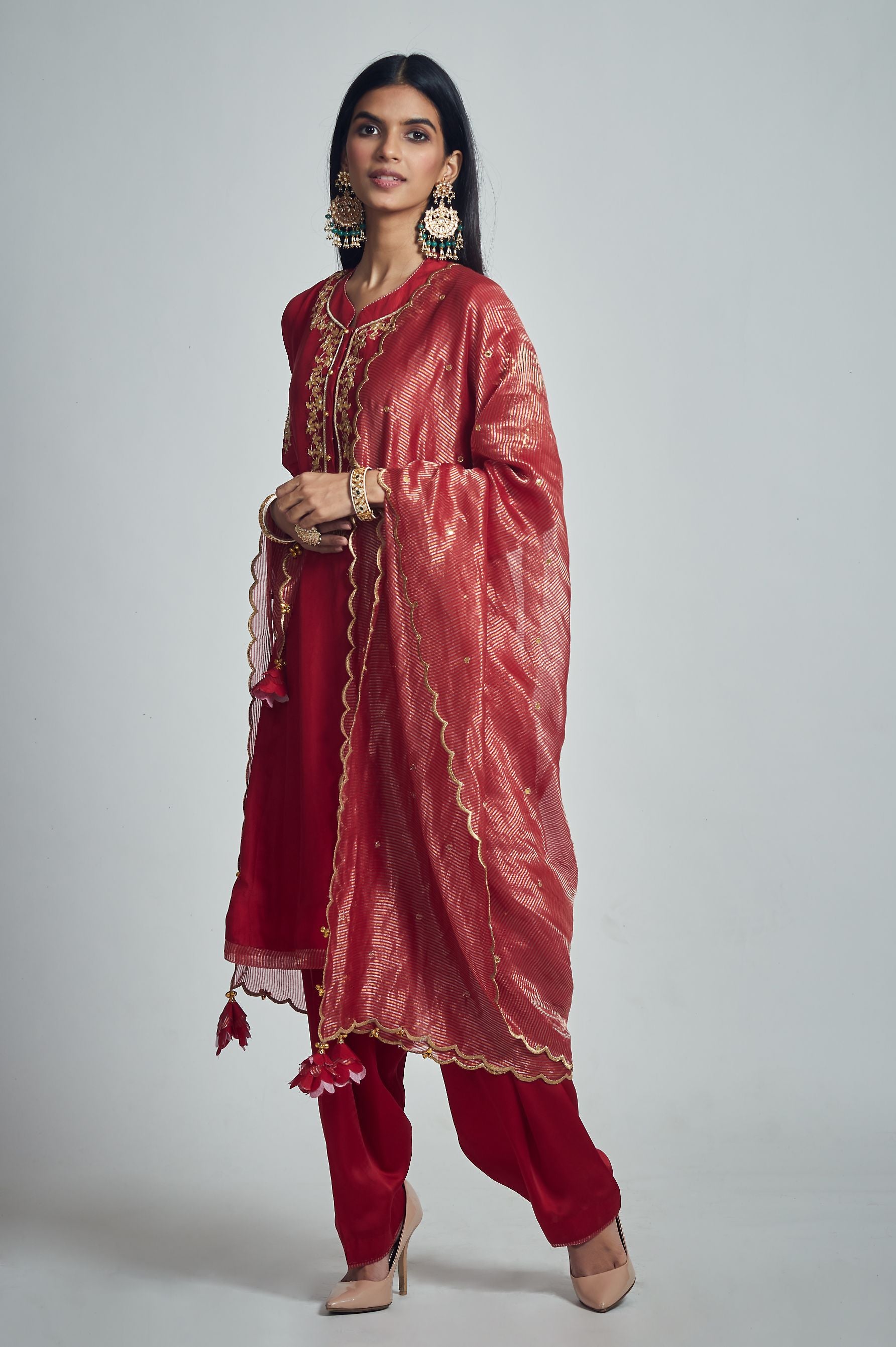 Nazish- Deep red Habutai silk embroidered ensemble