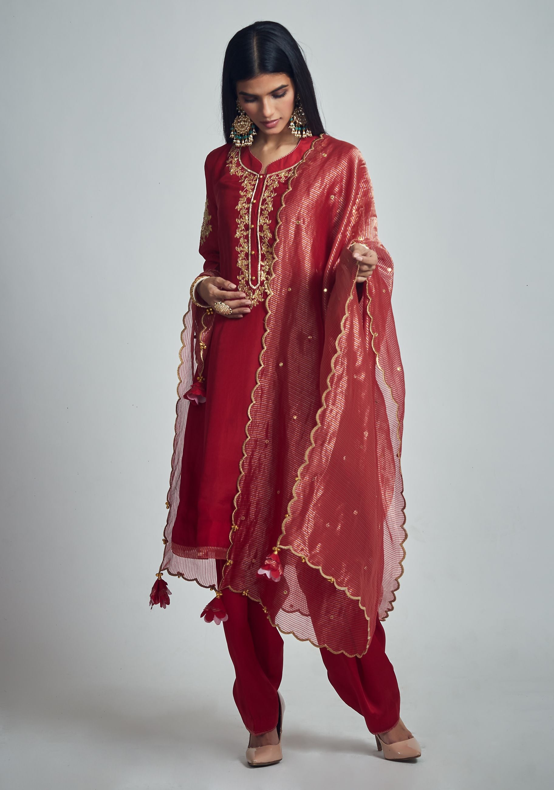 Nazish- Deep red Habutai silk embroidered ensemble