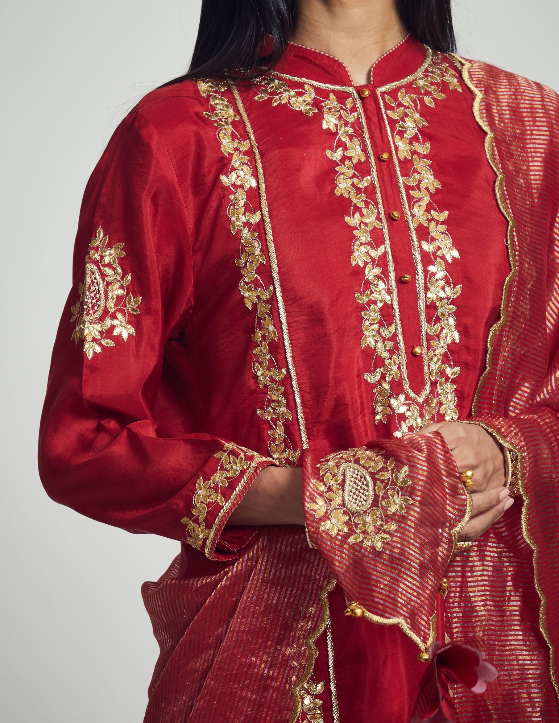 Nazish- Deep red Habutai silk embroidered ensemble