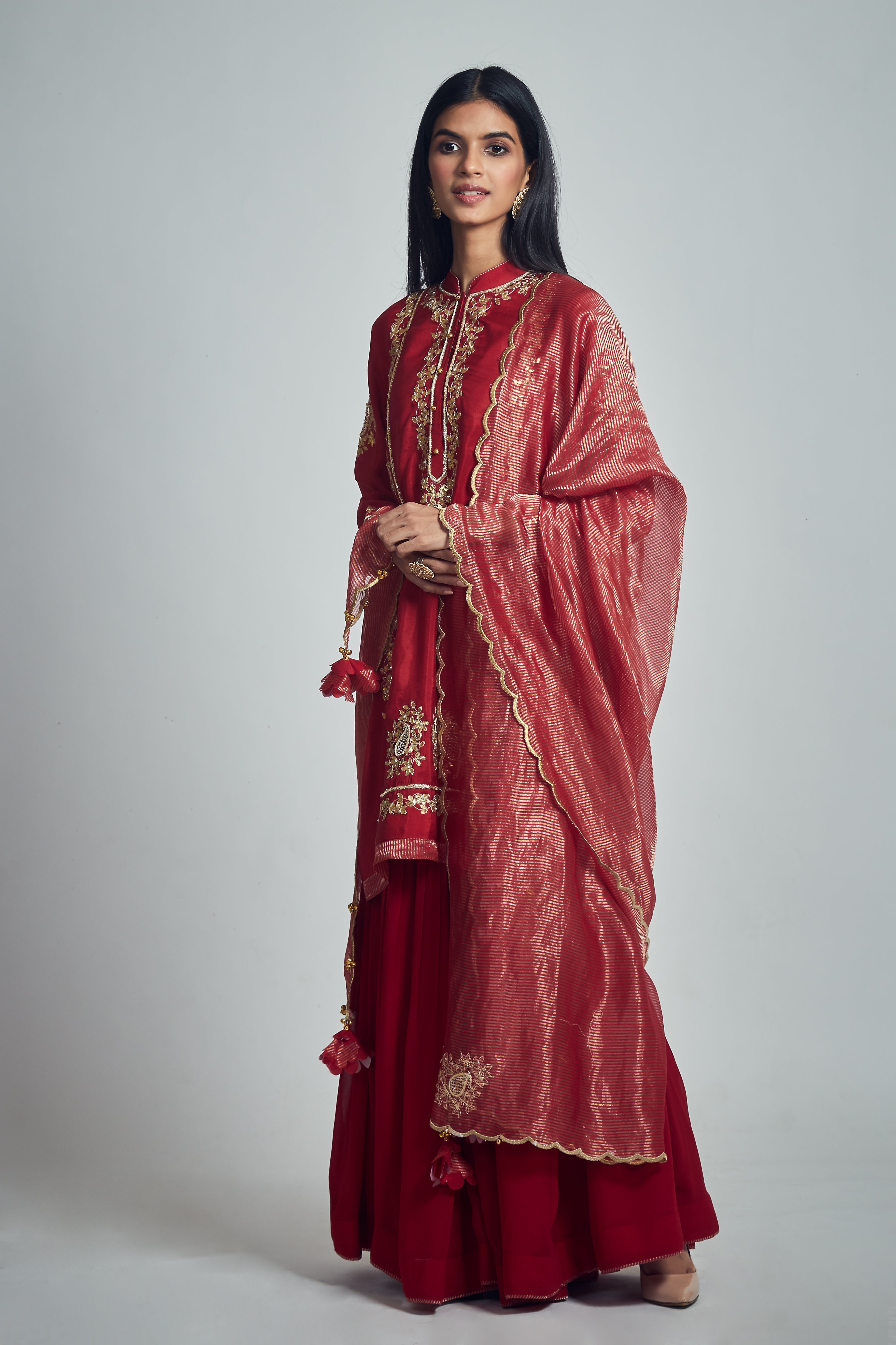 Nasira- Deep red habutai silk embroidered ensemble