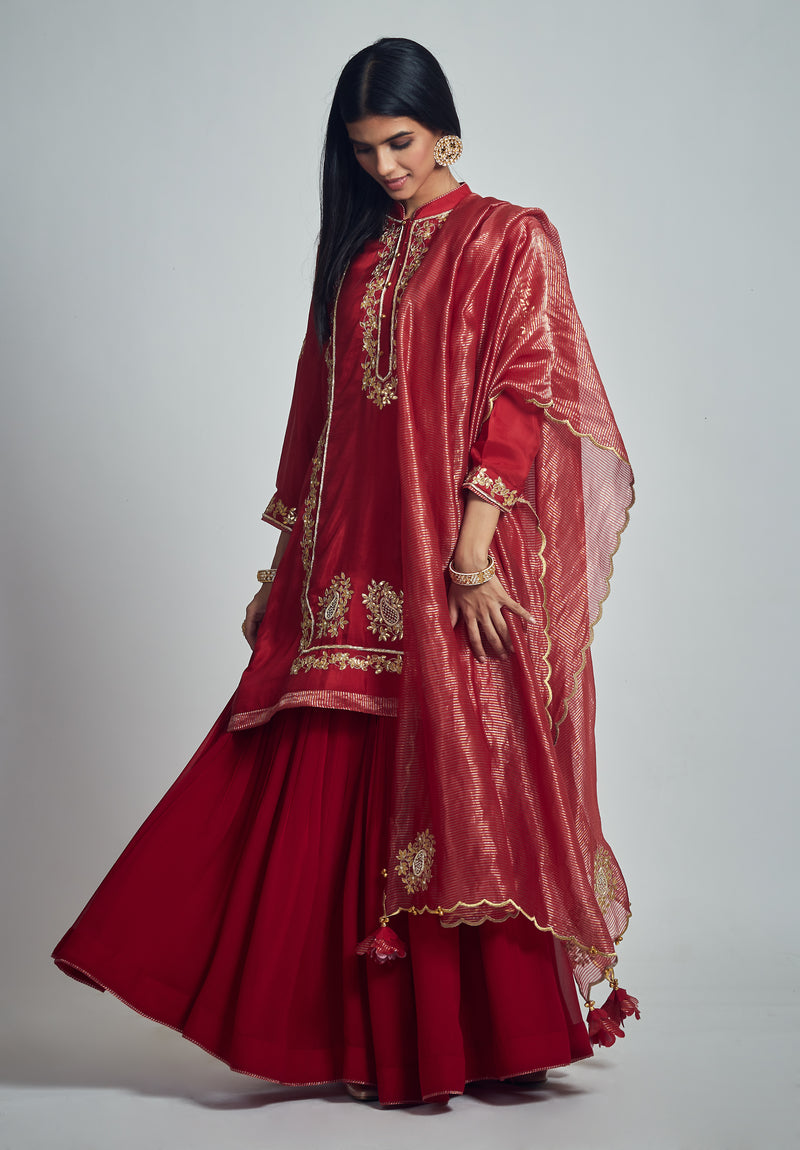 Nasira- Deep red habutai silk embroidered ensemble