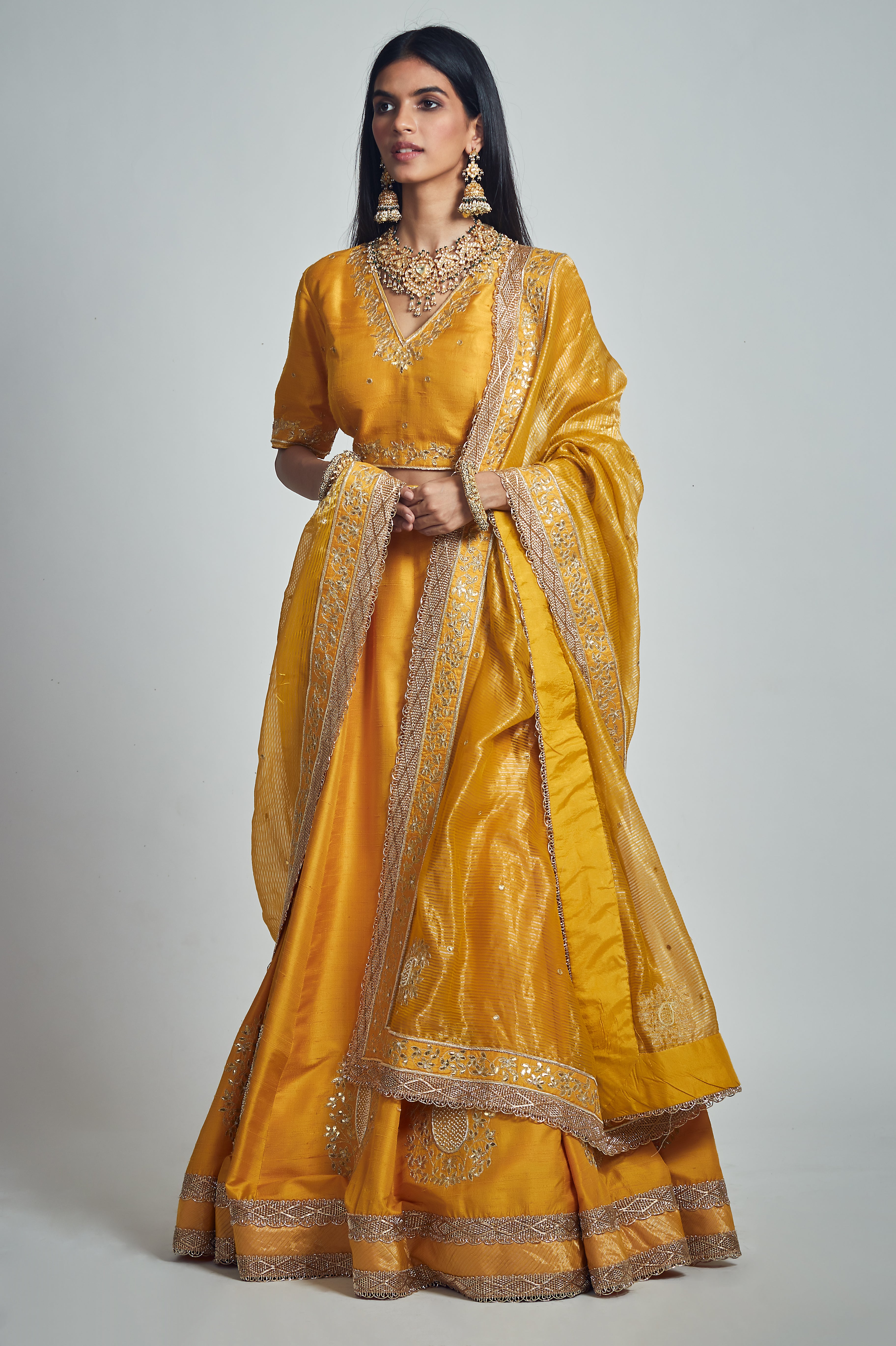 Razaana- Happy mustard raw silk lehenga