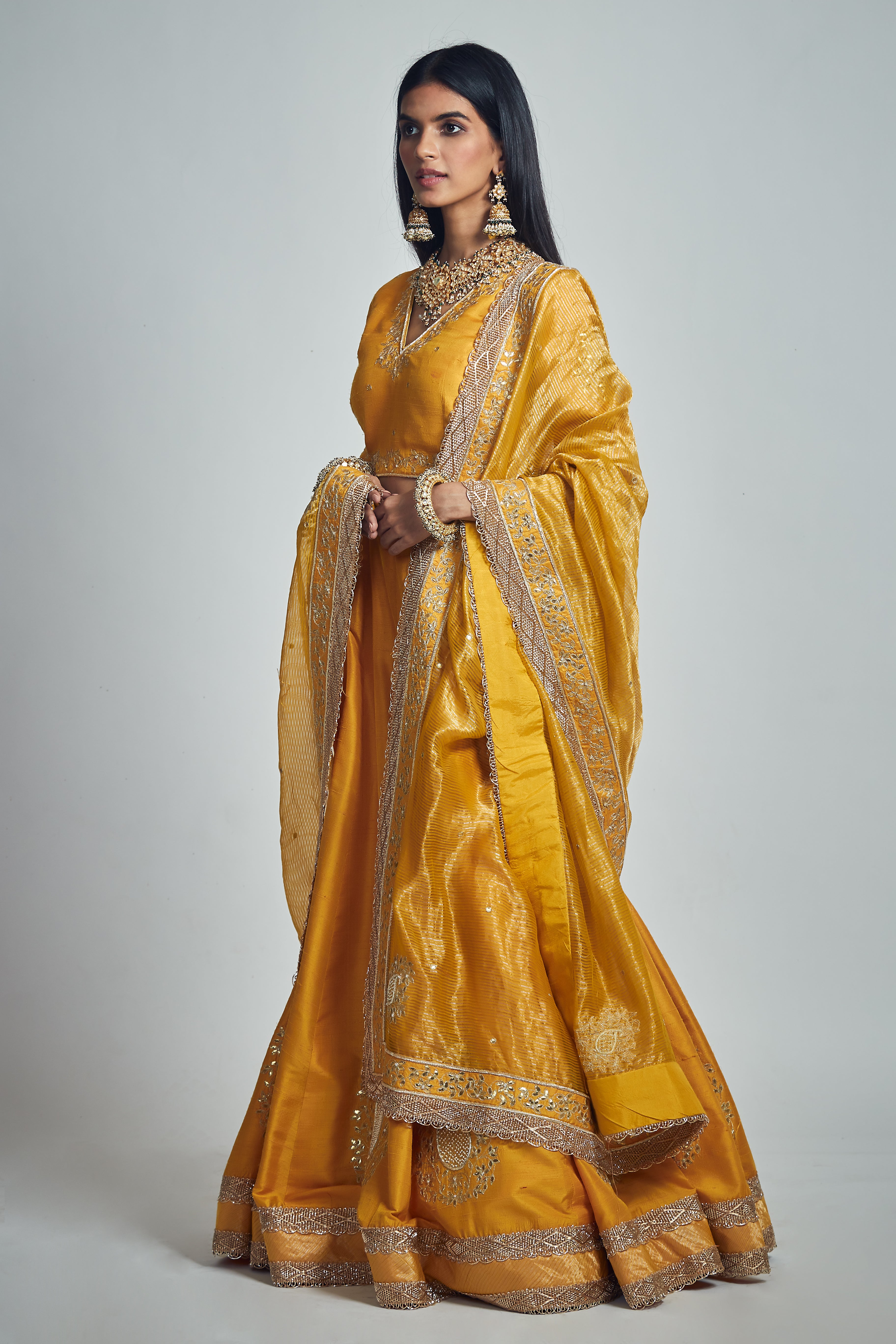 Razaana- Happy mustard raw silk lehenga