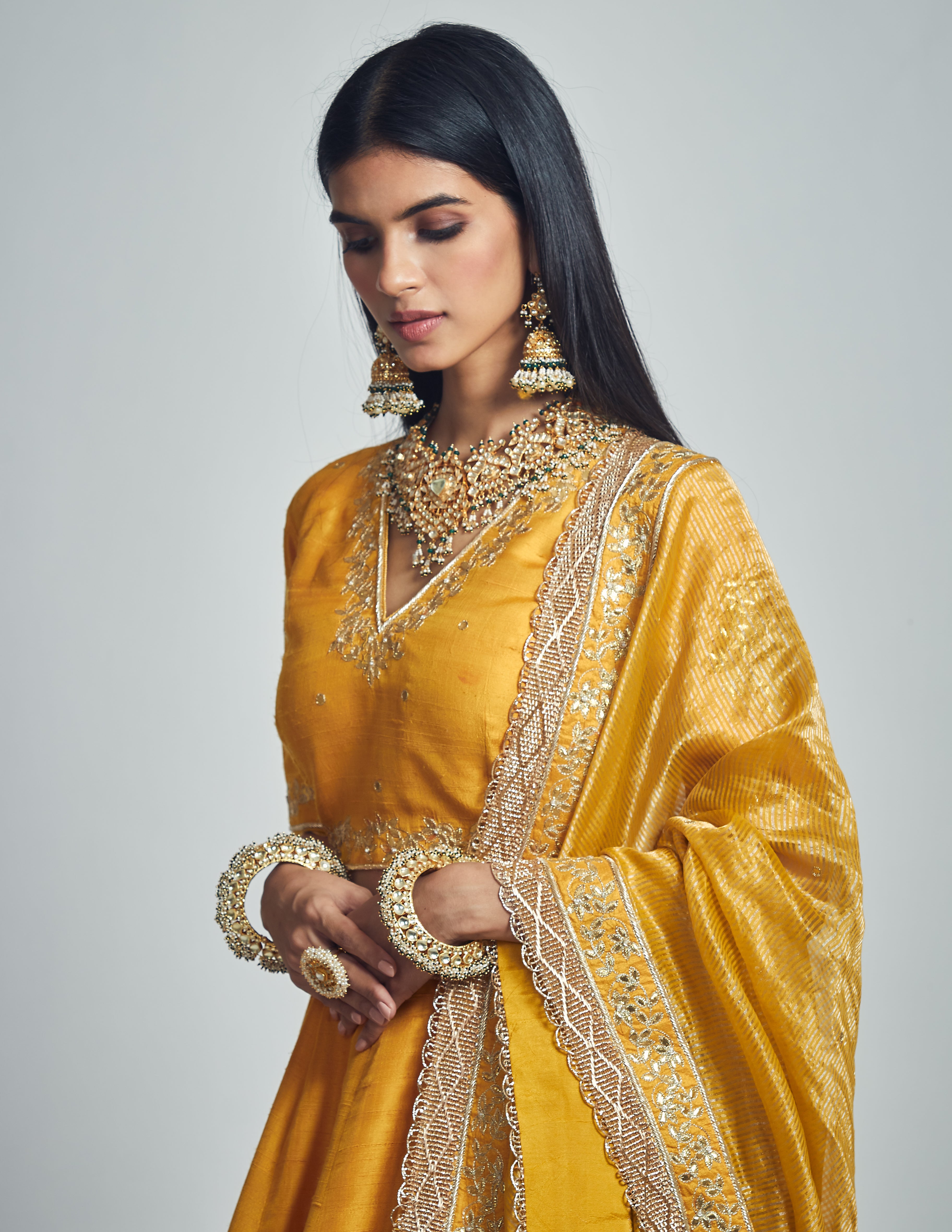 Razaana- Happy mustard raw silk lehenga