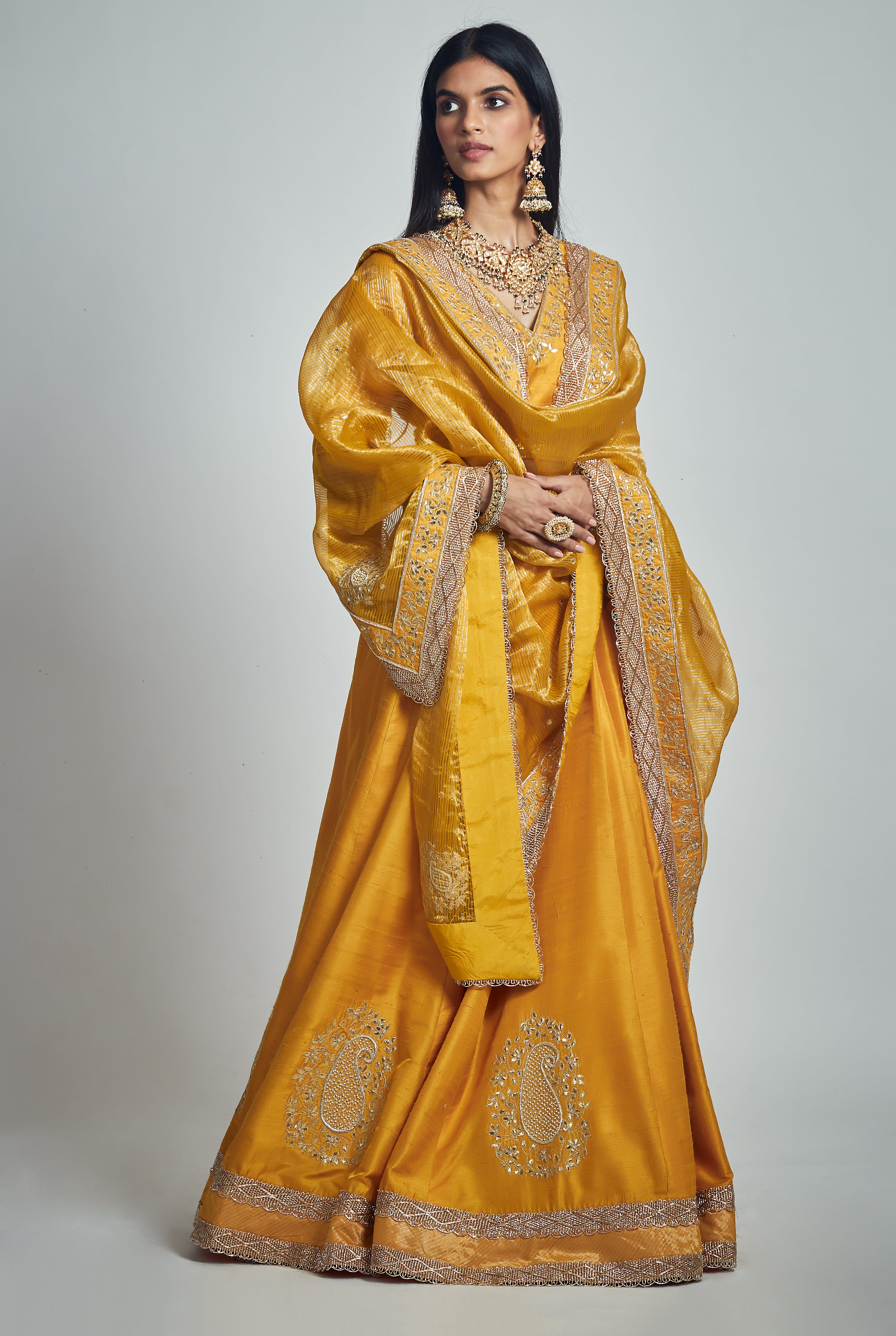 Razaana- Happy mustard raw silk lehenga