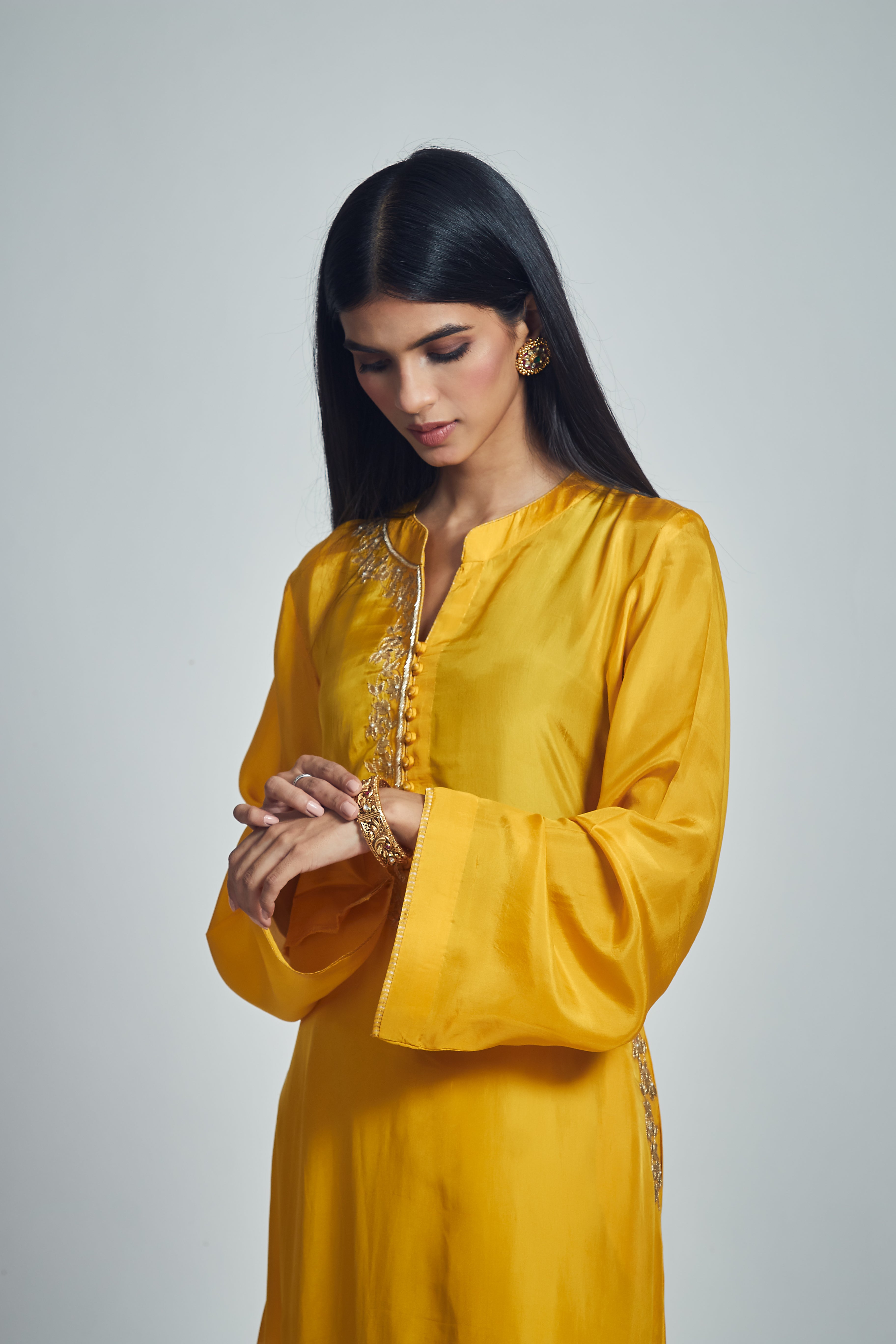 Nyasia- Happy mustard Habutai silk embroidered chauga