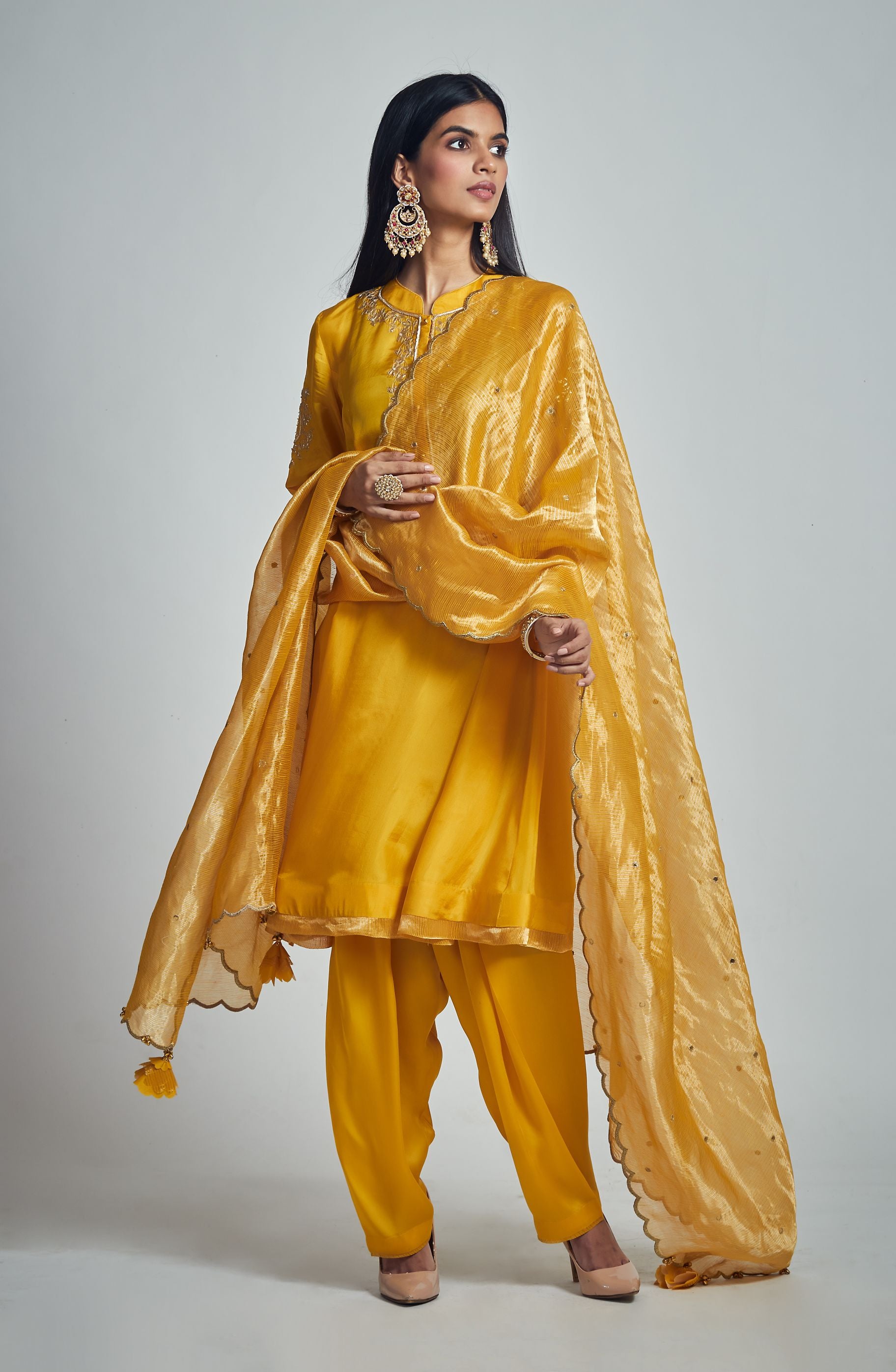 Nazish- Happy mustard Habutai silk embroidered ensemble