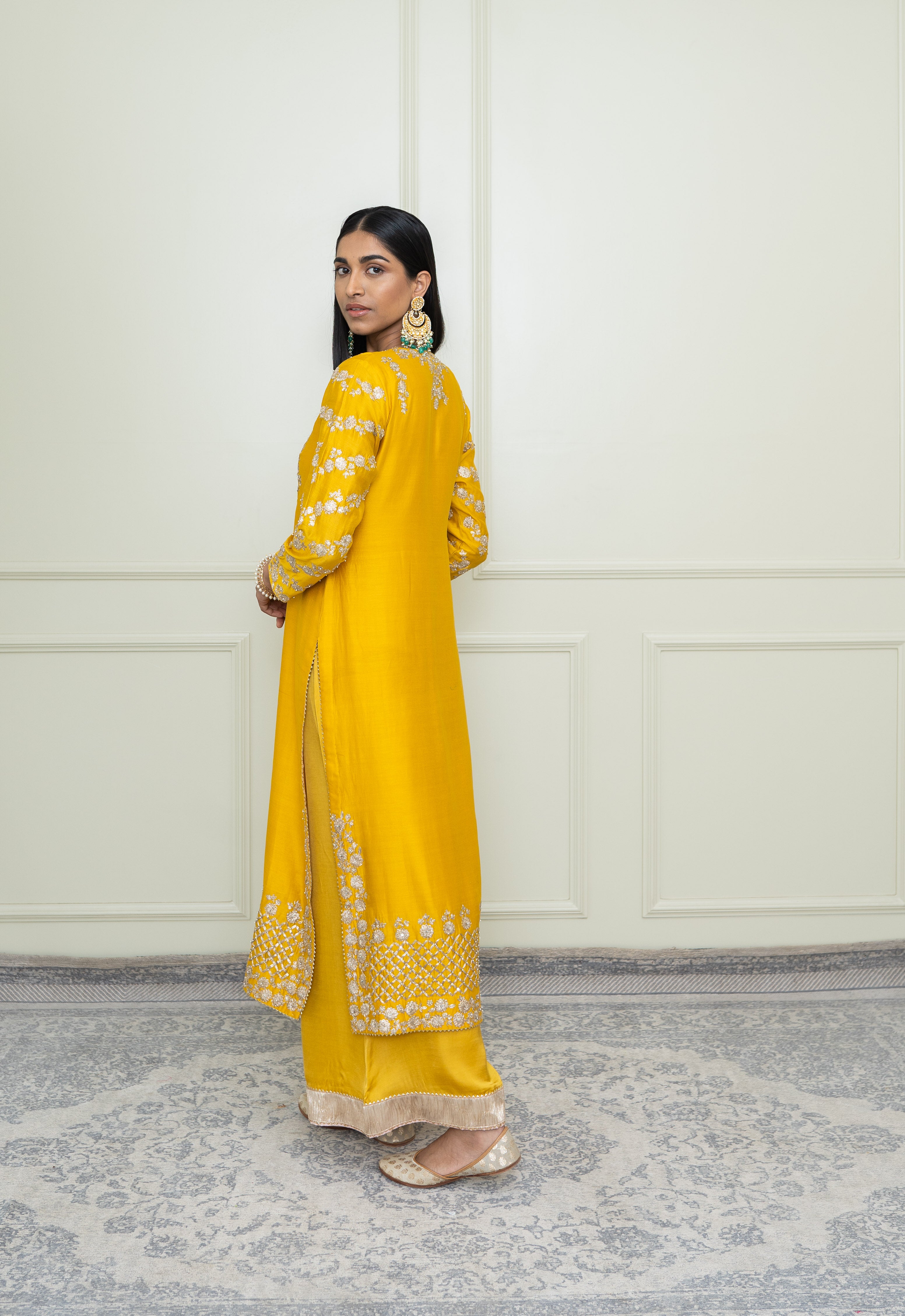 Aarvi- Glaze Mustard Tilla Embroidered Kurta Set