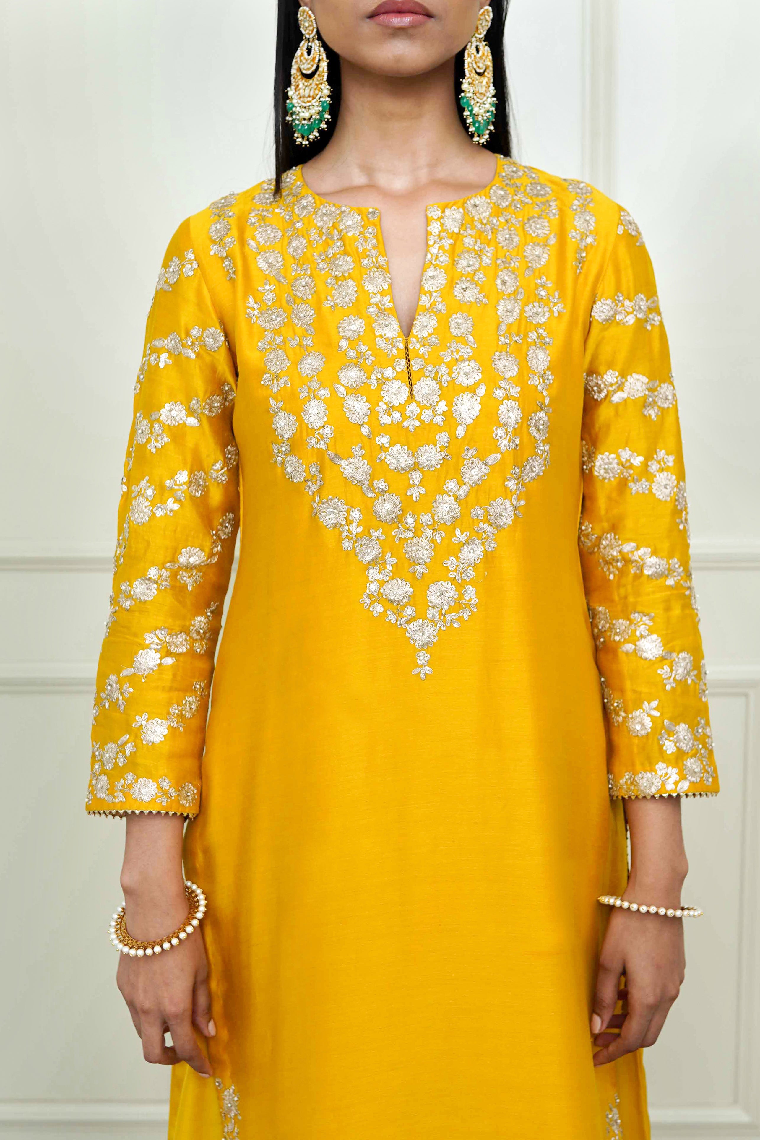 Aarvi- Glaze Mustard Tilla Embroidered Kurta Set