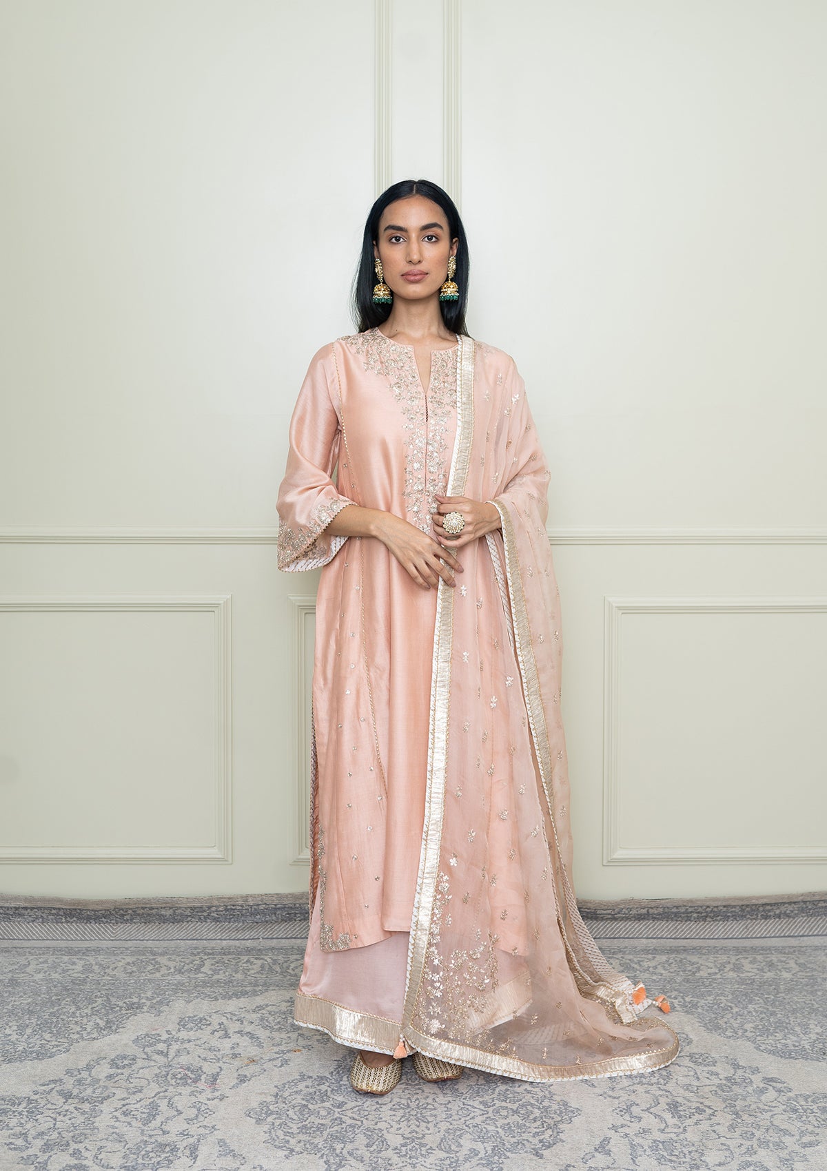 Baarizah-Pearl Pink Embroidered Chauga Kurta Set