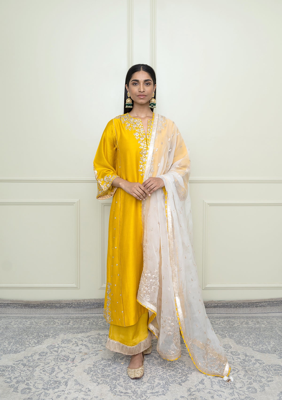 Baarizah-Glaze Mustard Embroidered Chauga Kurta Set