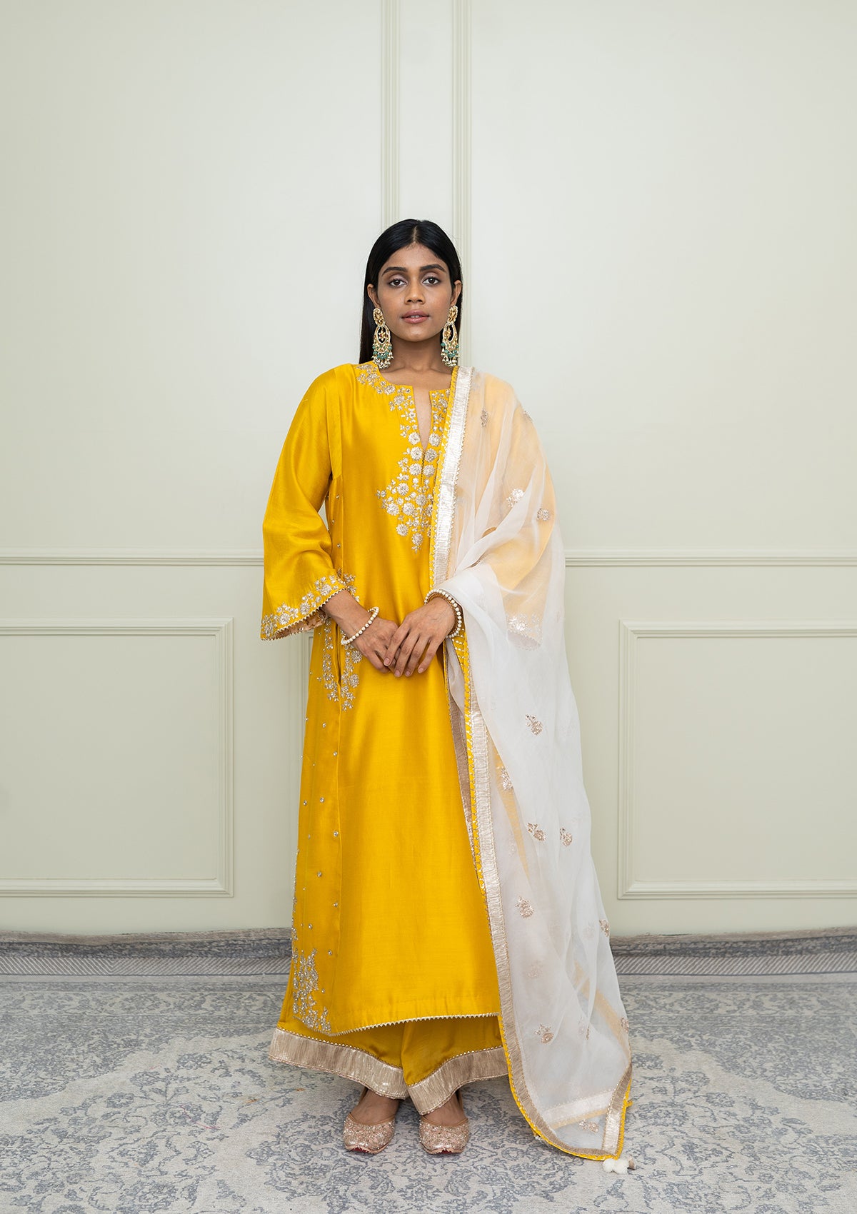 Basirah-Glaze Mustard Gota Embroidered Chauga Kurta Set