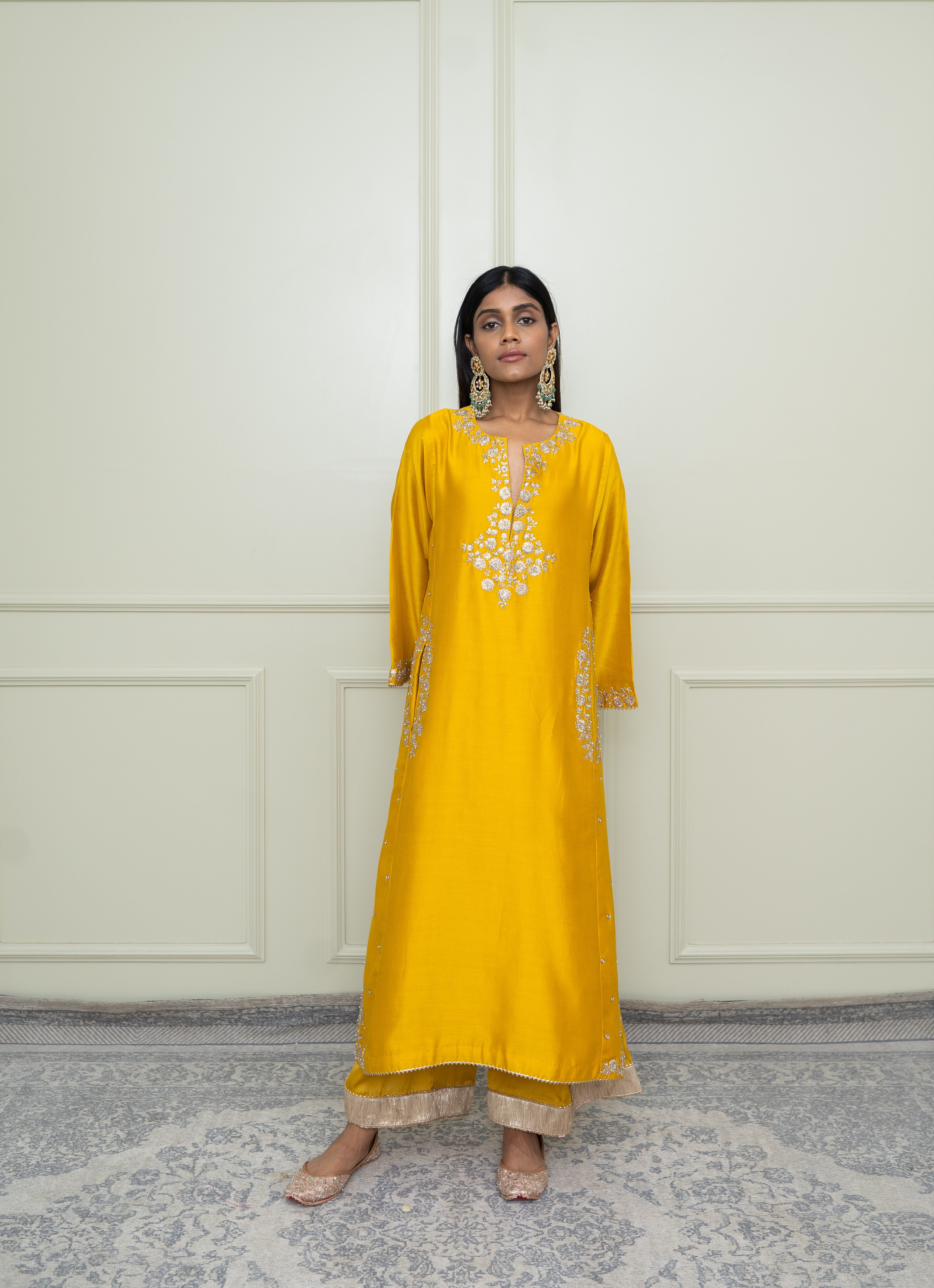 Basirah-Glaze Mustard Gota Embroidered Chauga Kurta Set