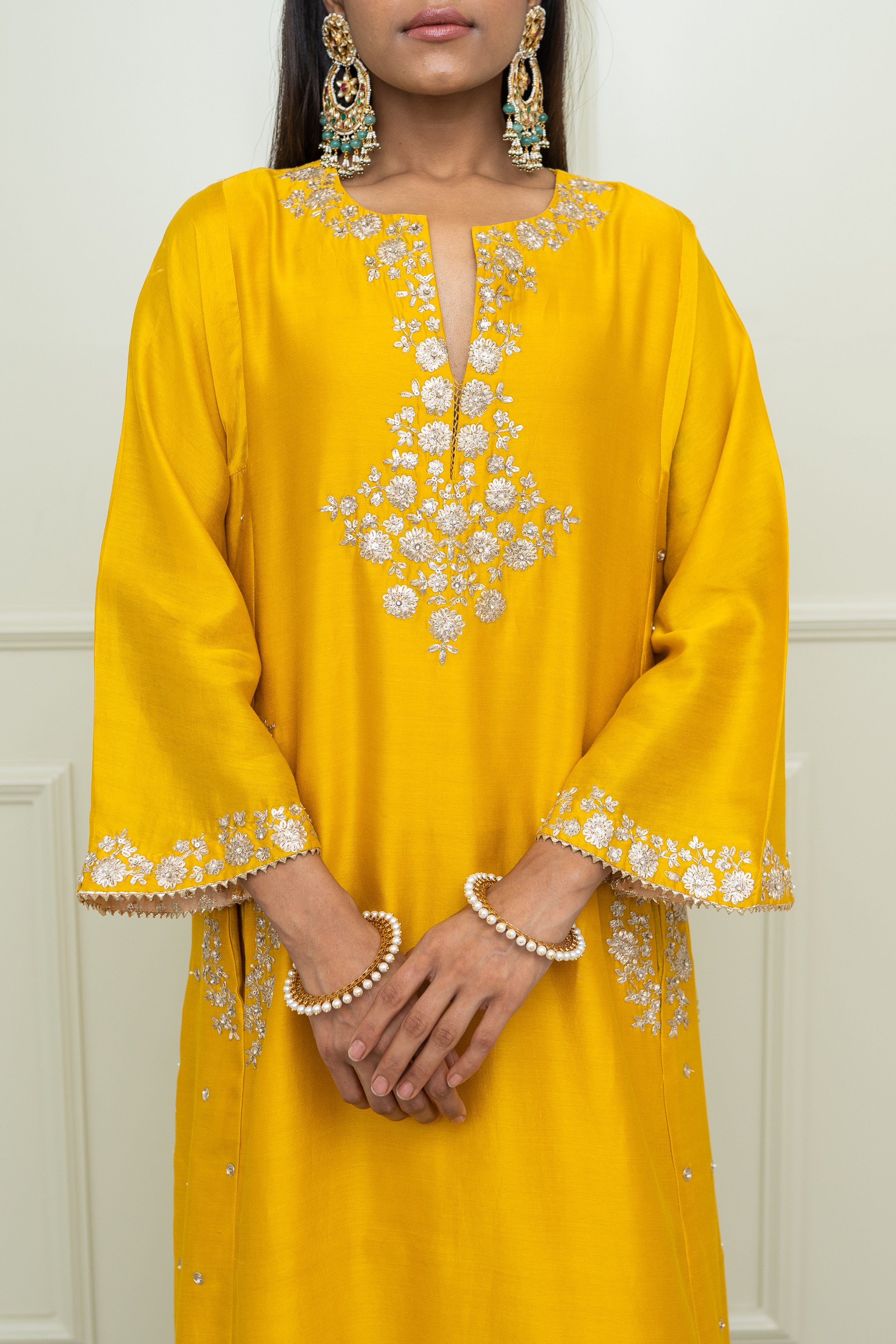 Basirah-Glaze Mustard Gota Embroidered Chauga Kurta Set