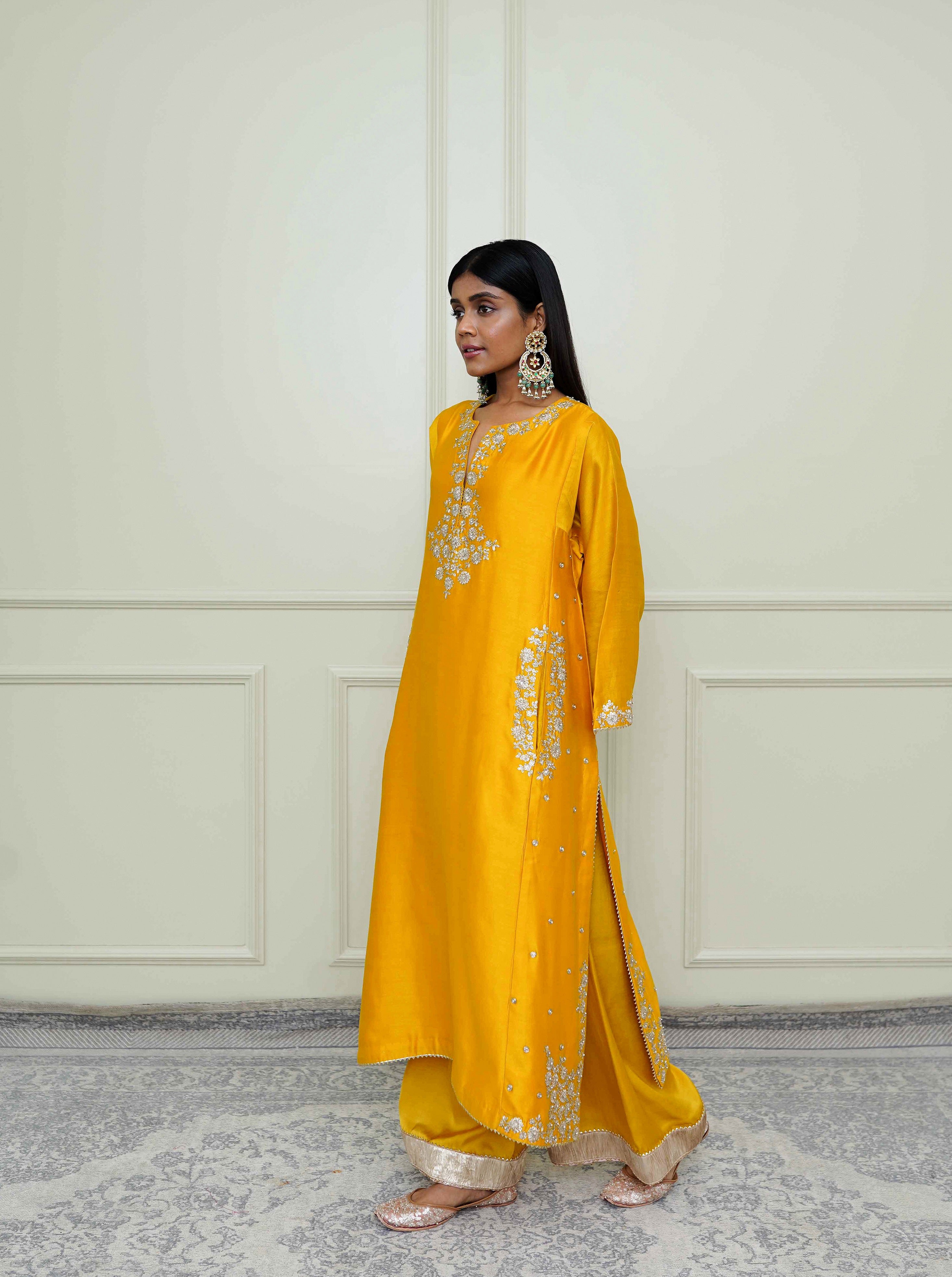 Basirah-Glaze Mustard Gota Embroidered Chauga Kurta Set