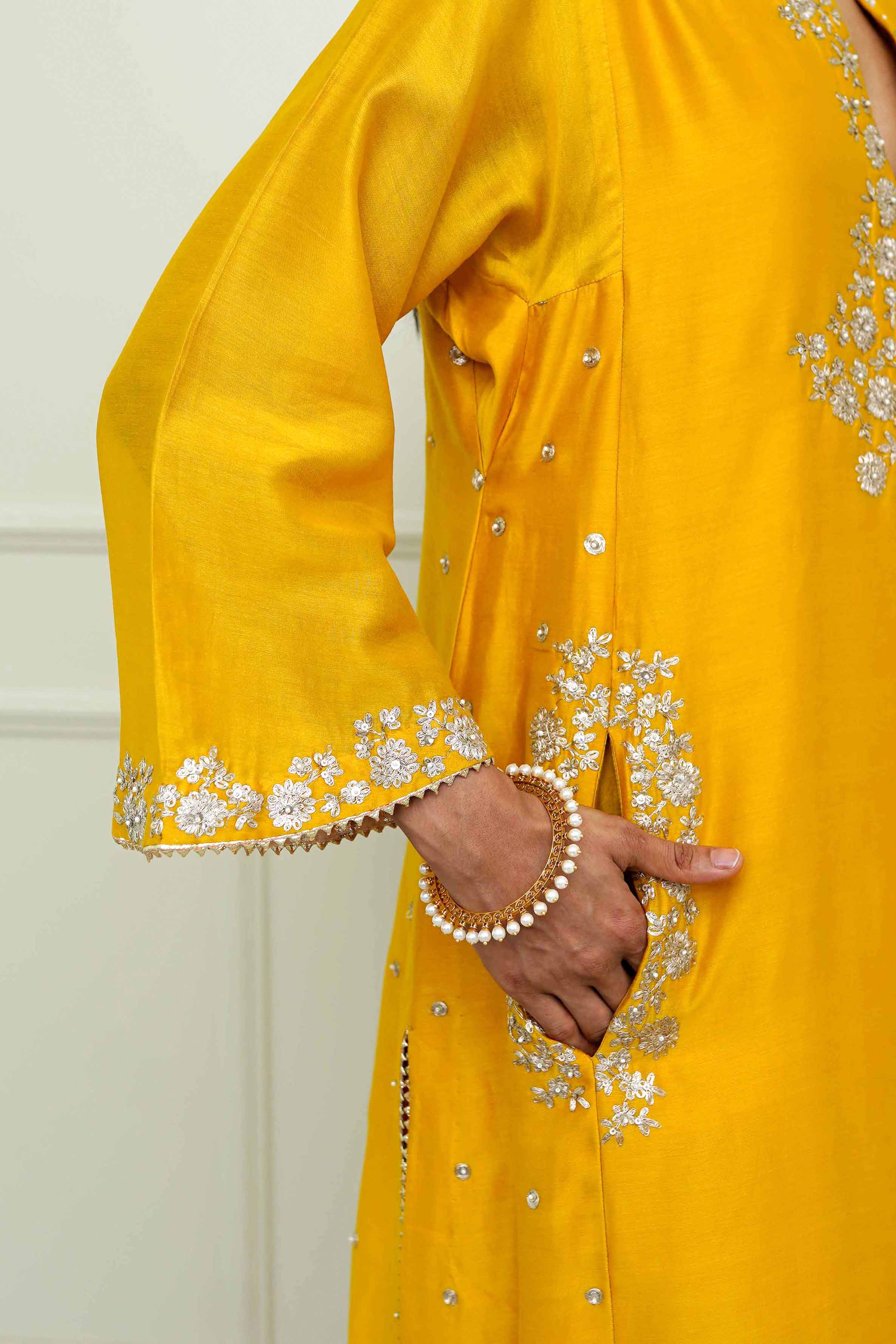 Basirah-Glaze Mustard Gota Embroidered Chauga Kurta Set