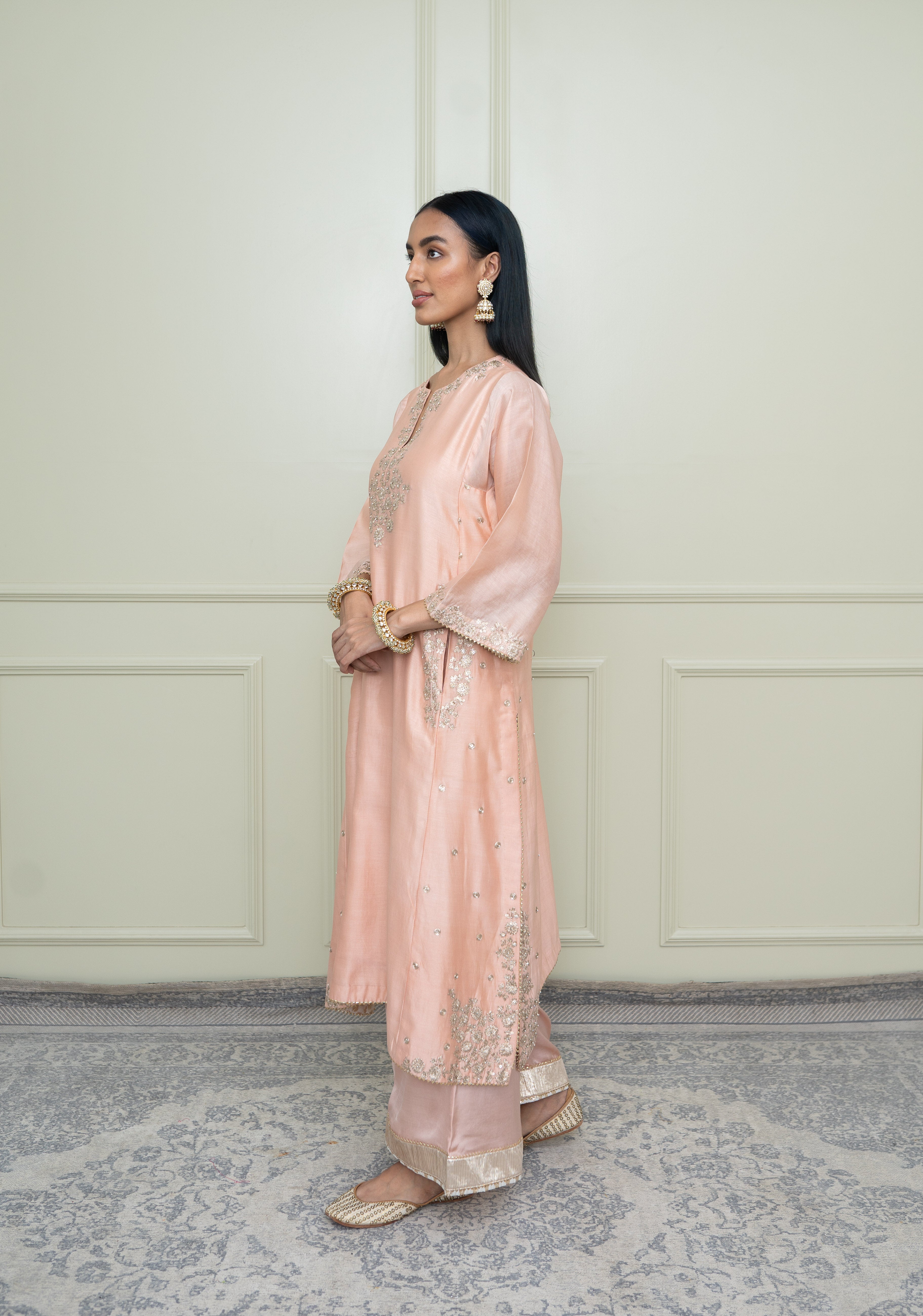 Basirah-Pearl Pink Gota Embroidered Chauga Kurta Set