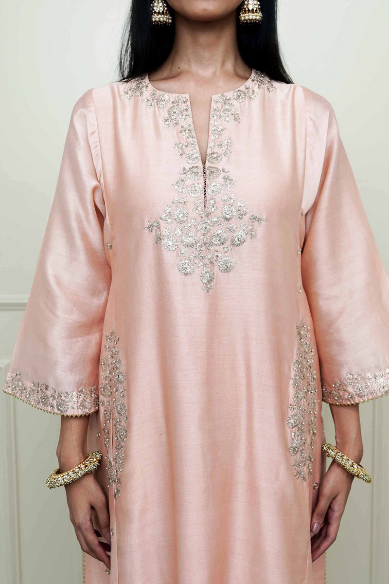 Buy Aarvi Pearl Pink Long Kurta With Palazzo And Dupatta by