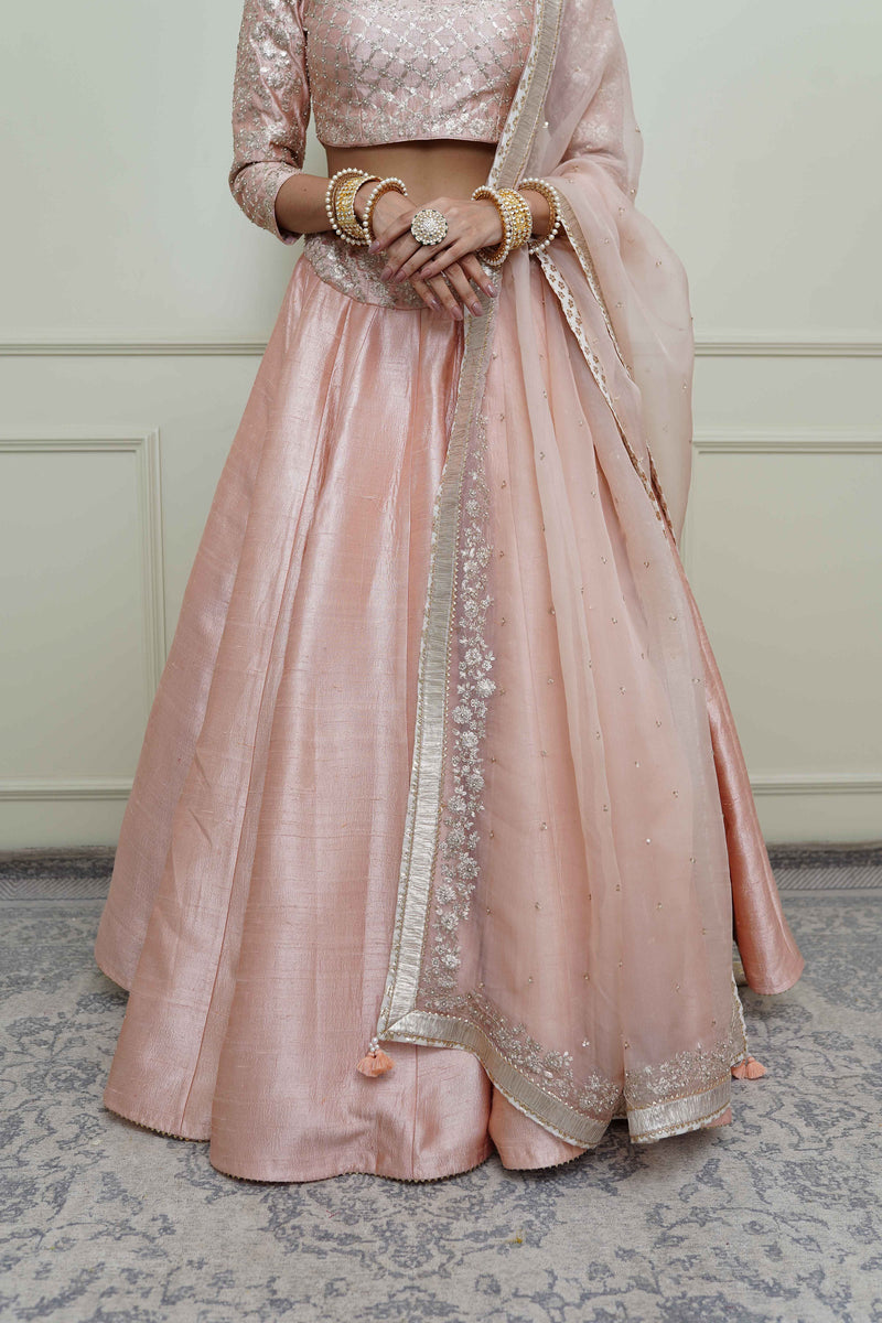 Aafiyah-Pearl Pink Tilla Embroidered Lehenga Set