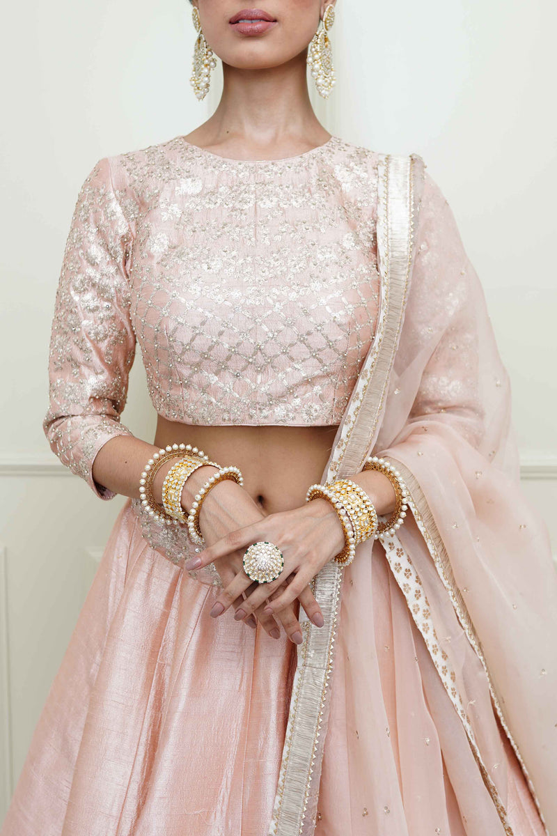 Aafiyah-Pearl Pink Tilla Embroidered Lehenga Set