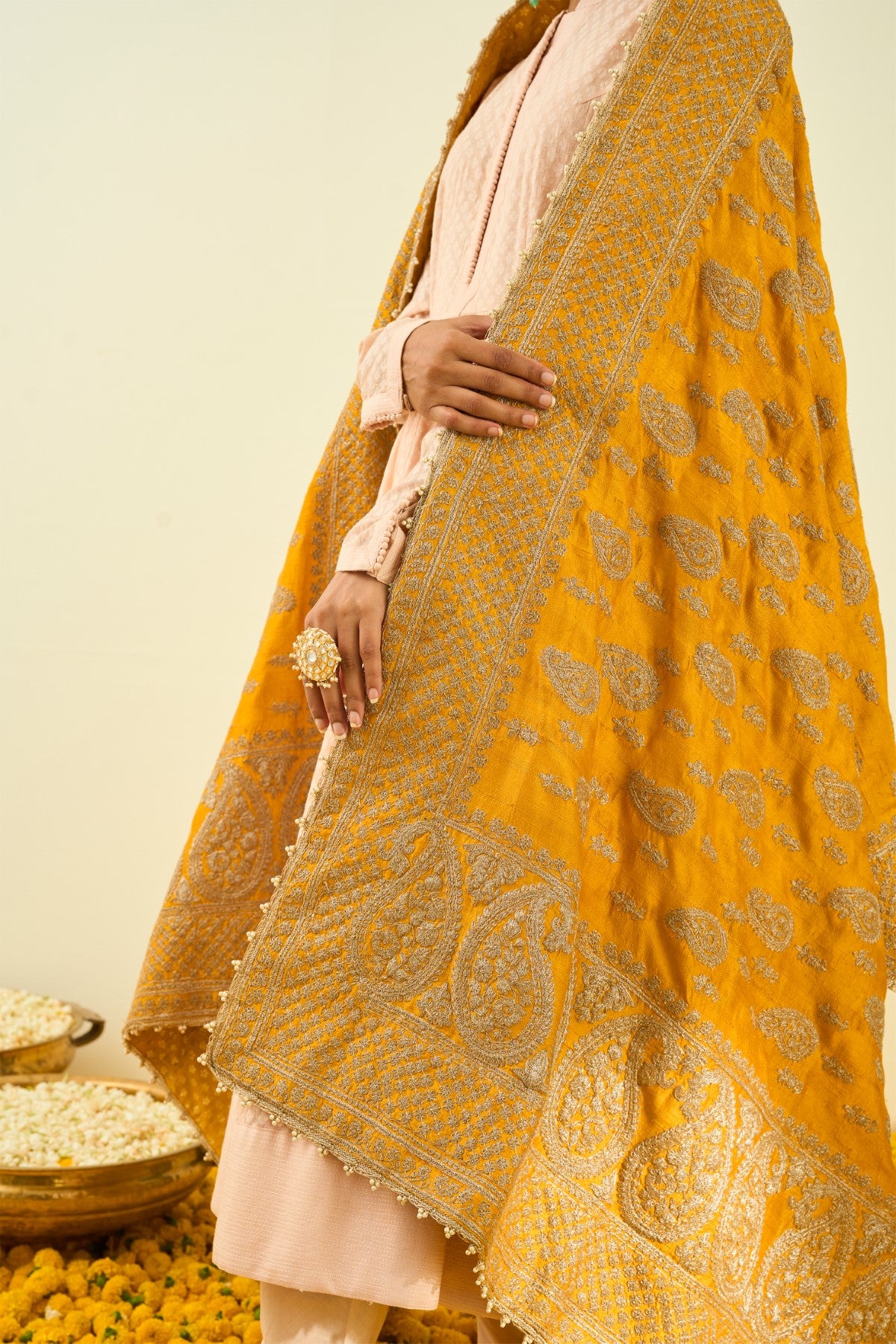 Glaze Mustard Paisley Tilla Embroidery Odhni