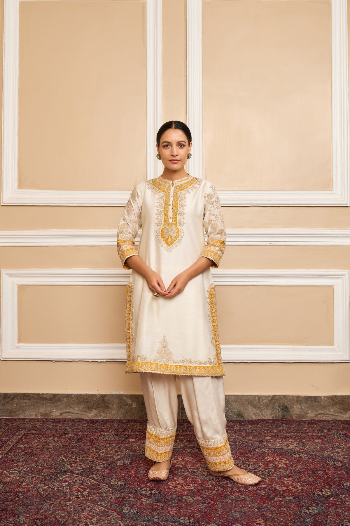 RESHAM - DAISY IVORY SHORT KURTA WITH SALWAR AND DUPATTA