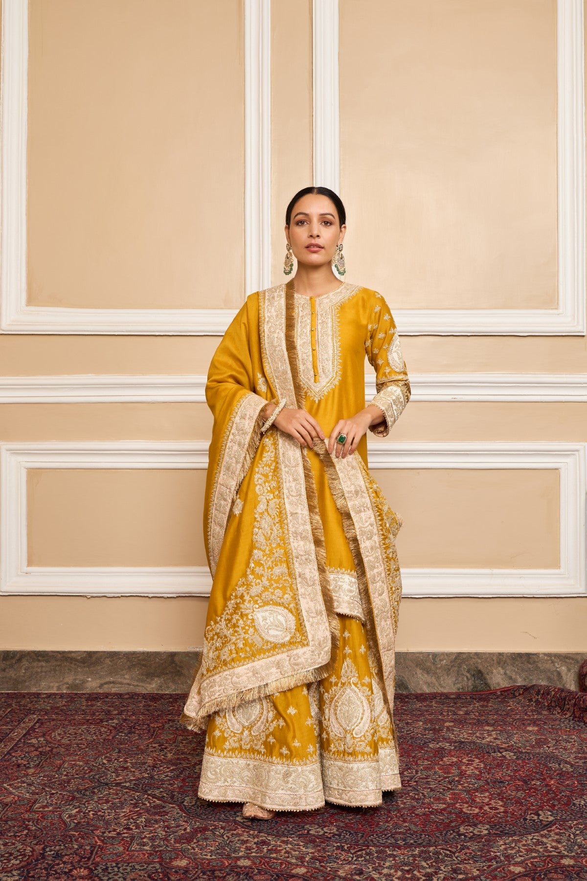 RAINA - GLAZE MUSTARD SHORT KURTA WITH SHARARA AND ODHNI