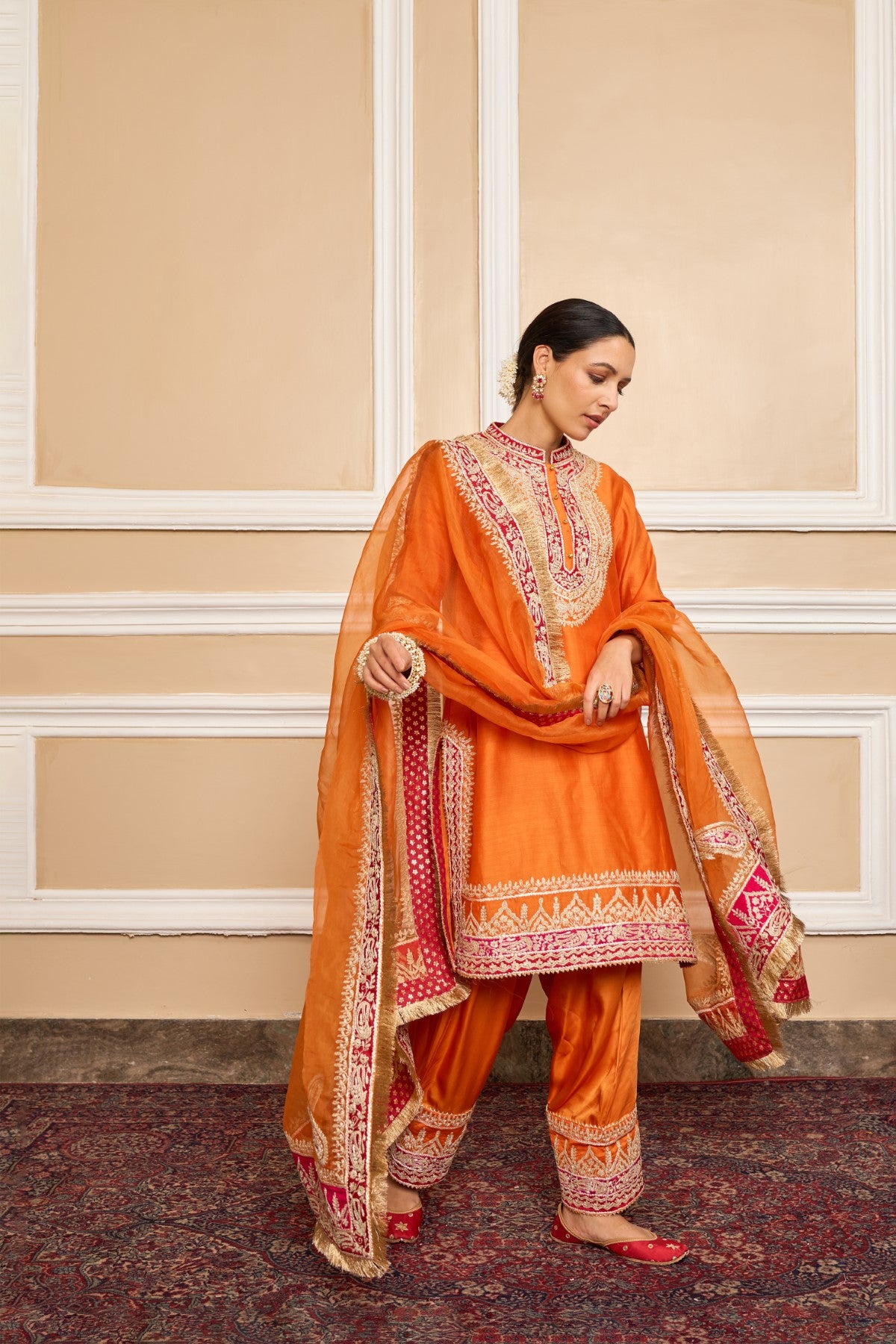 AFSAANA - ORANGE SHORT KURTA WITH SALWAR AND DUPATTA