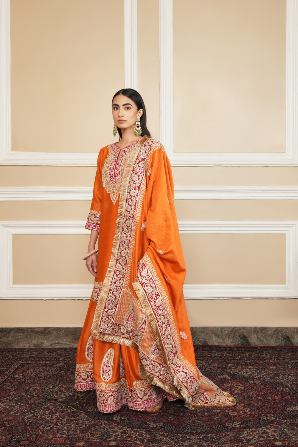Women Orange Floral Short Kurta With Sharara Pants main image 0