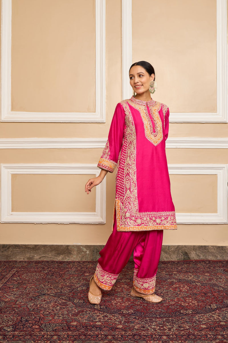 NAAYAAB - Rani Hotpink SHORT KURTA WITH SALWAR AND DUPATTA