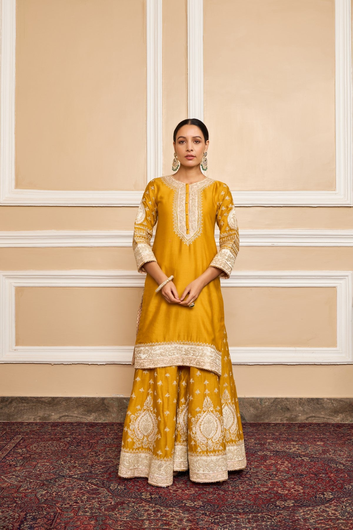 RAINA - GLAZE MUSTARD SHORT KURTA WITH SHARARA AND ODHNI