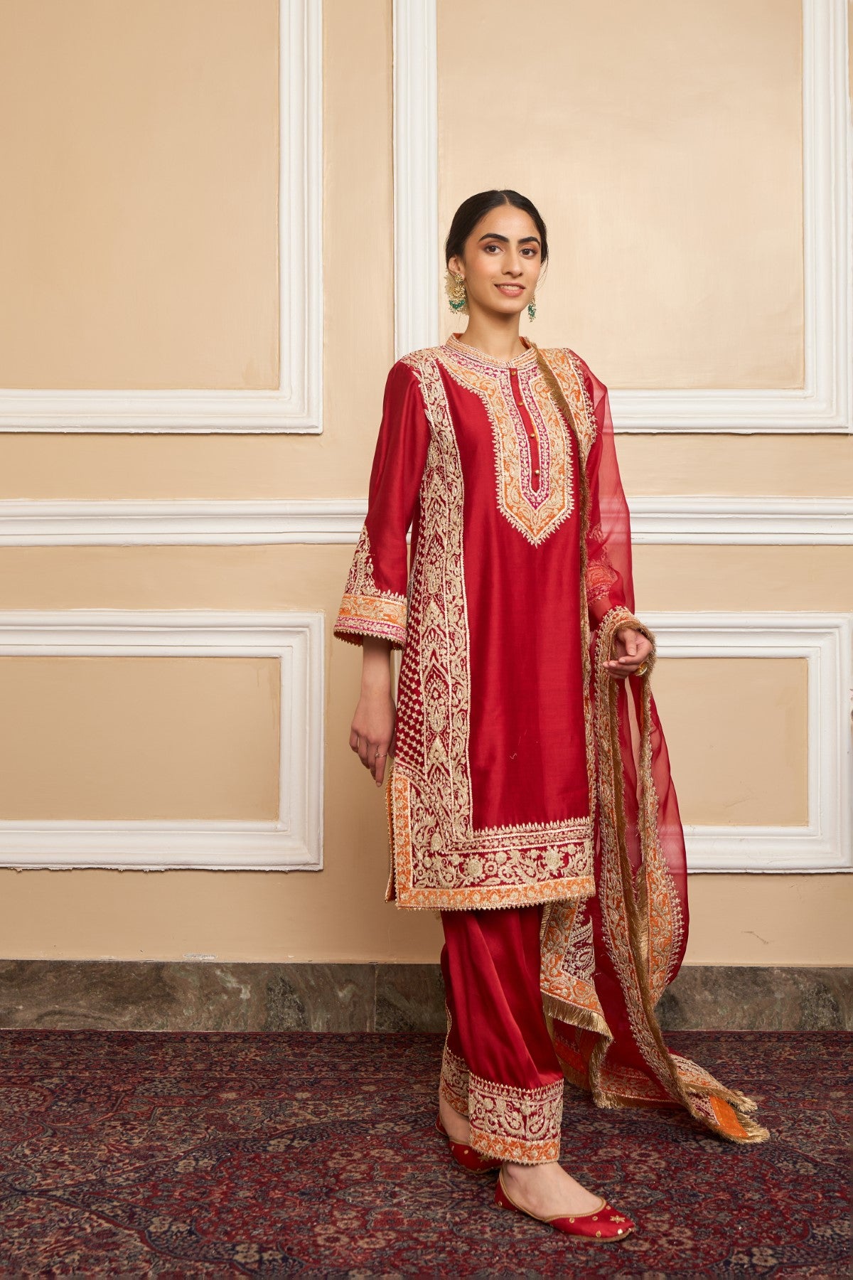 NAAYAAB - DEEP RED SHORT KURTA WITH SALWAR AND DUPATTA