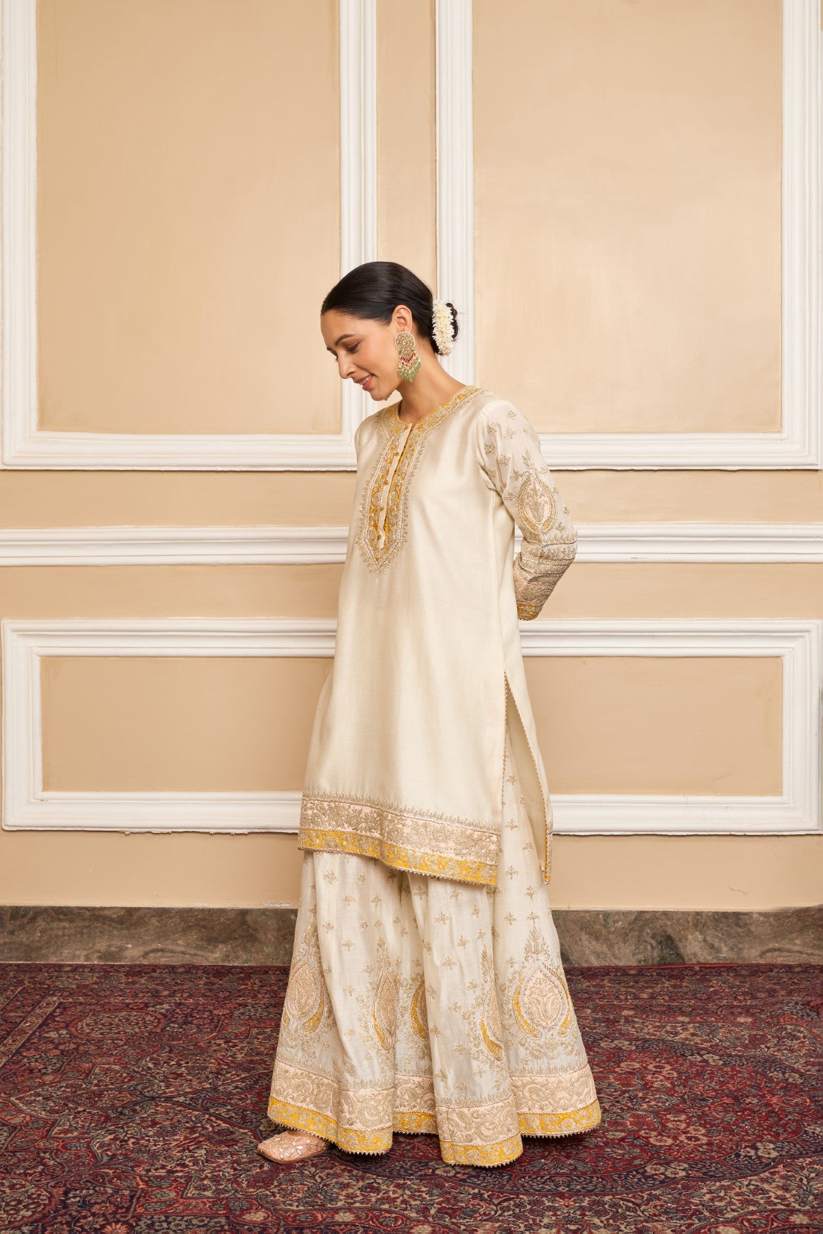 RAINA - DAISY IVORY SHORT KURTA WITH SHARARA AND ODHNI