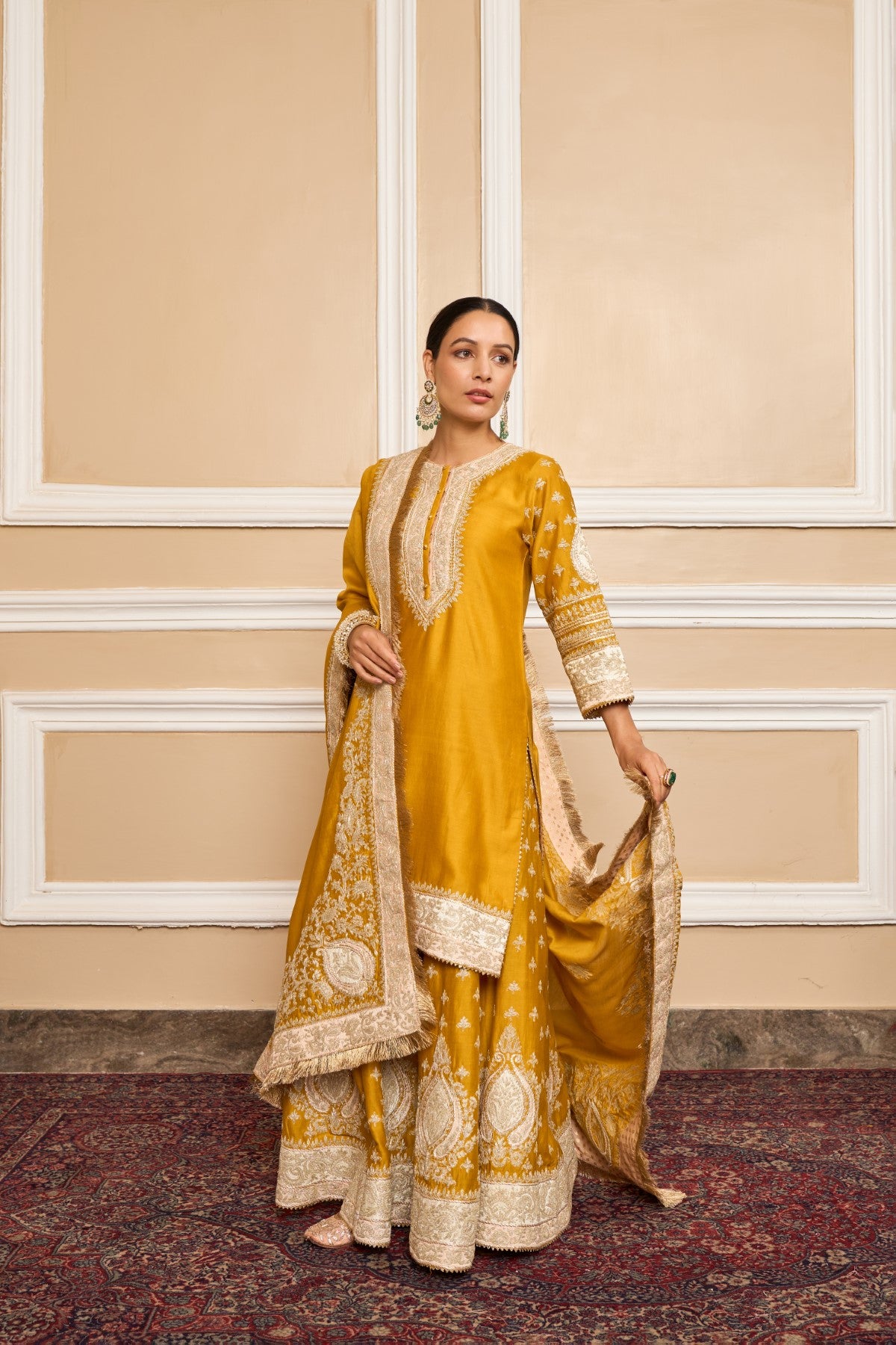 RAINA - GLAZE MUSTARD SHORT KURTA WITH SHARARA AND ODHNI