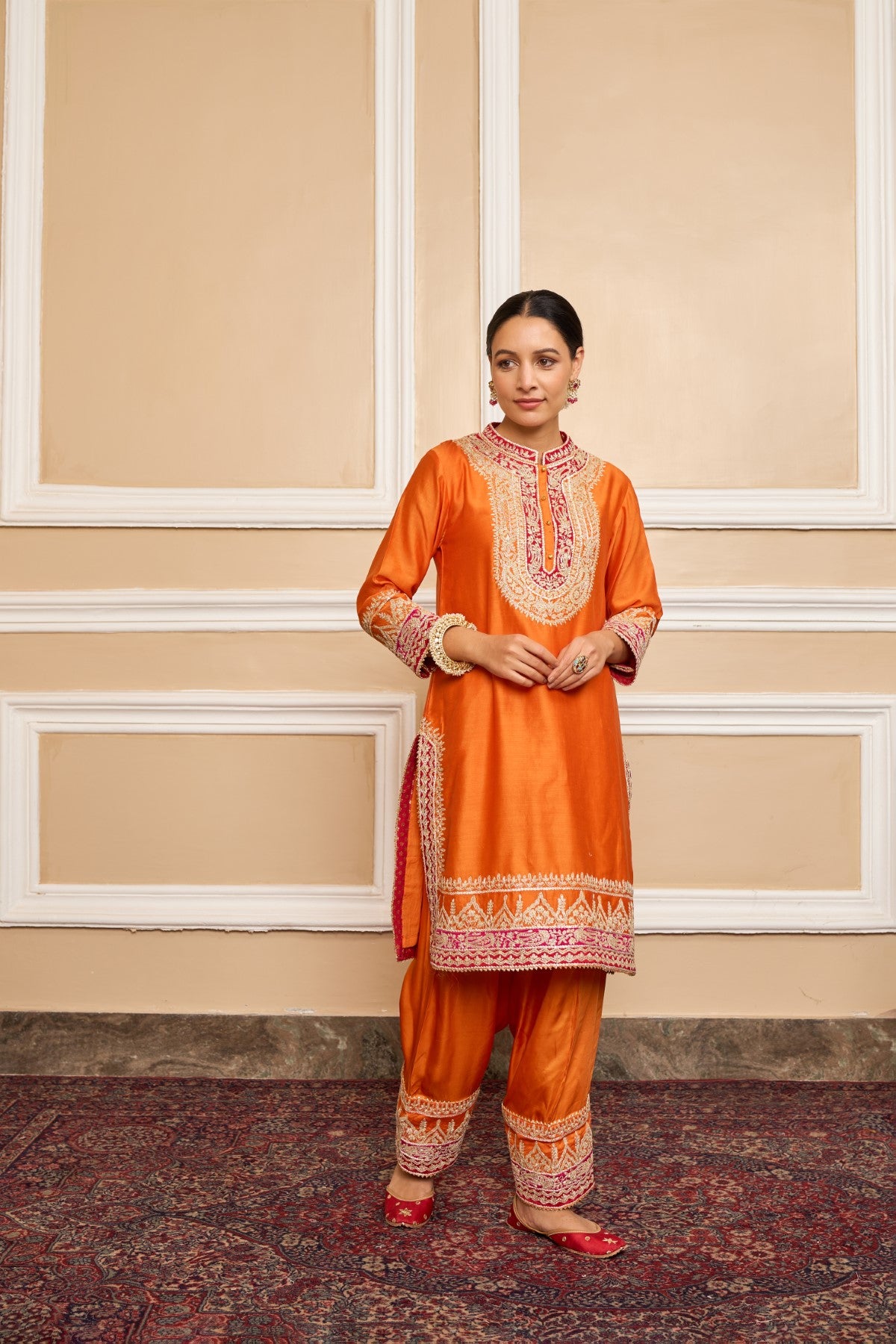 AFSAANA - ORANGE SHORT KURTA WITH SALWAR AND DUPATTA