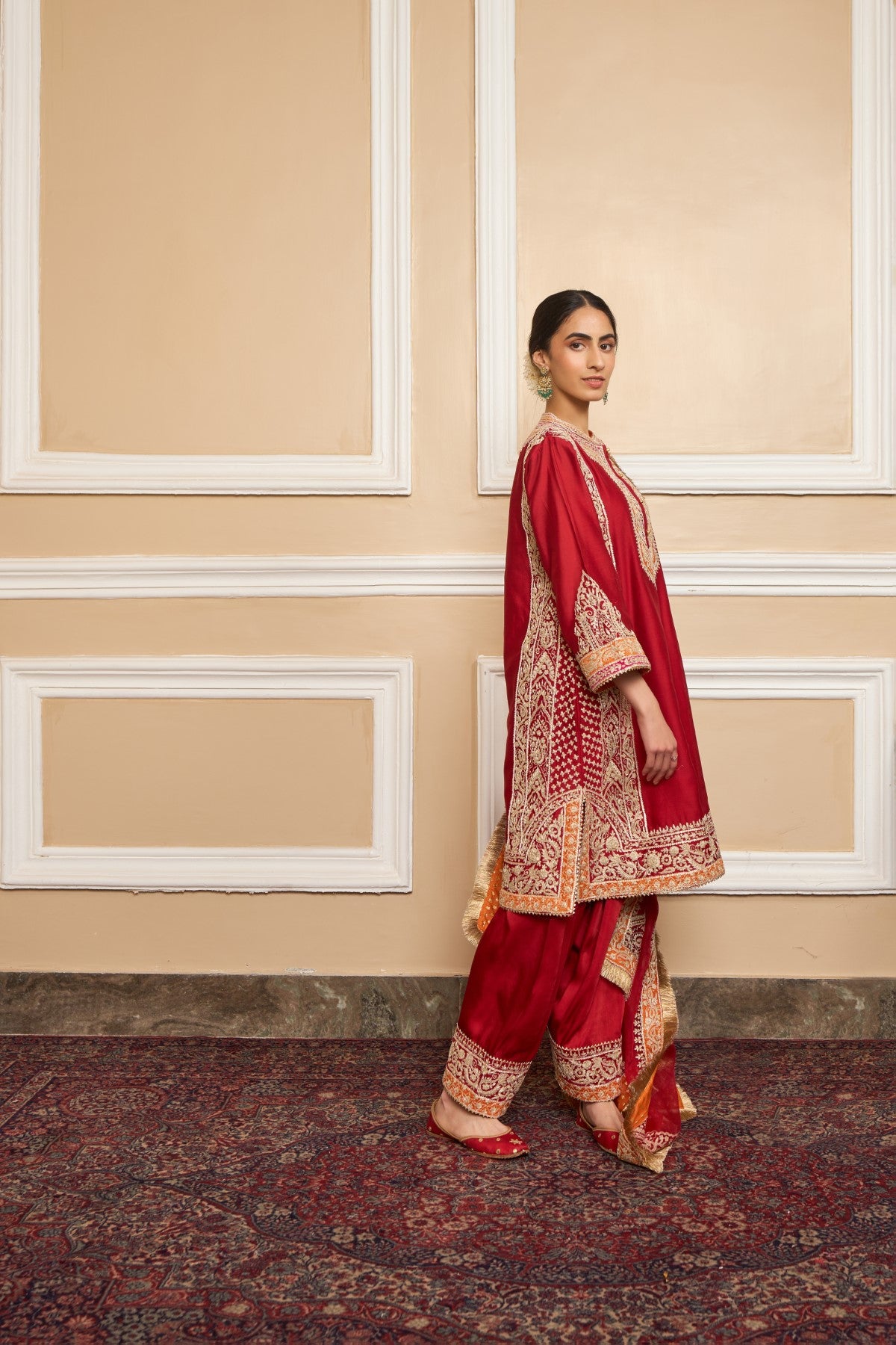 NAAYAAB - DEEP RED SHORT KURTA WITH SALWAR AND DUPATTA