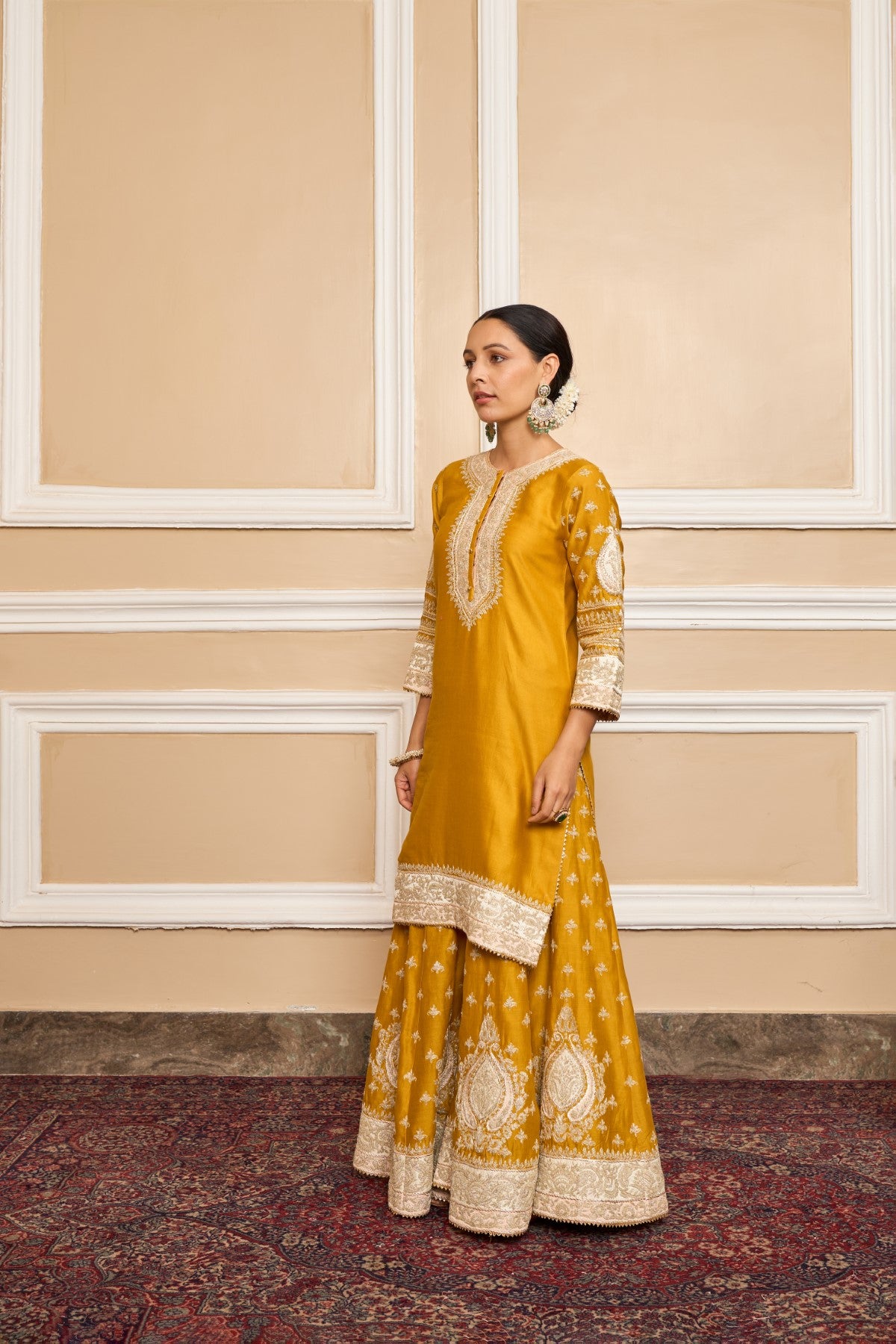 RAINA - GLAZE MUSTARD SHORT KURTA WITH SHARARA AND ODHNI