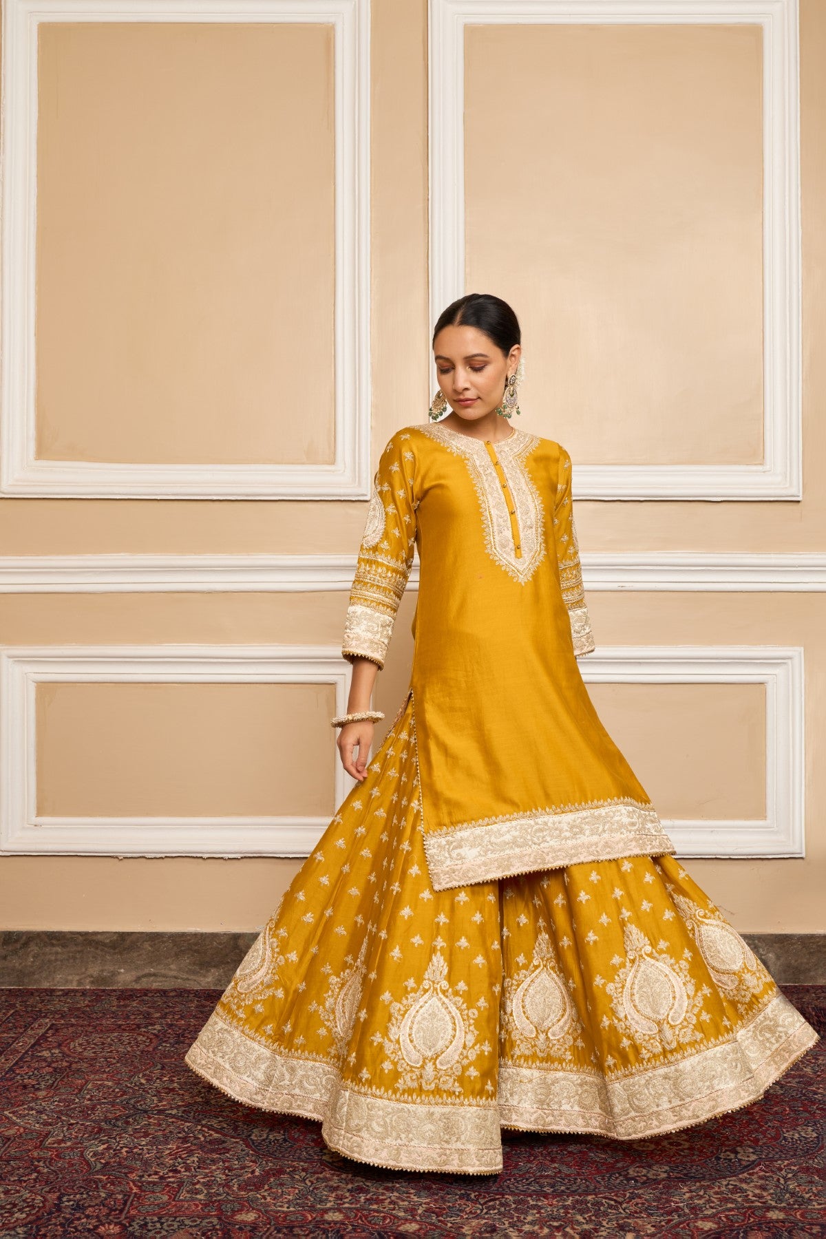 RAINA - GLAZE MUSTARD SHORT KURTA WITH SHARARA AND ODHNI