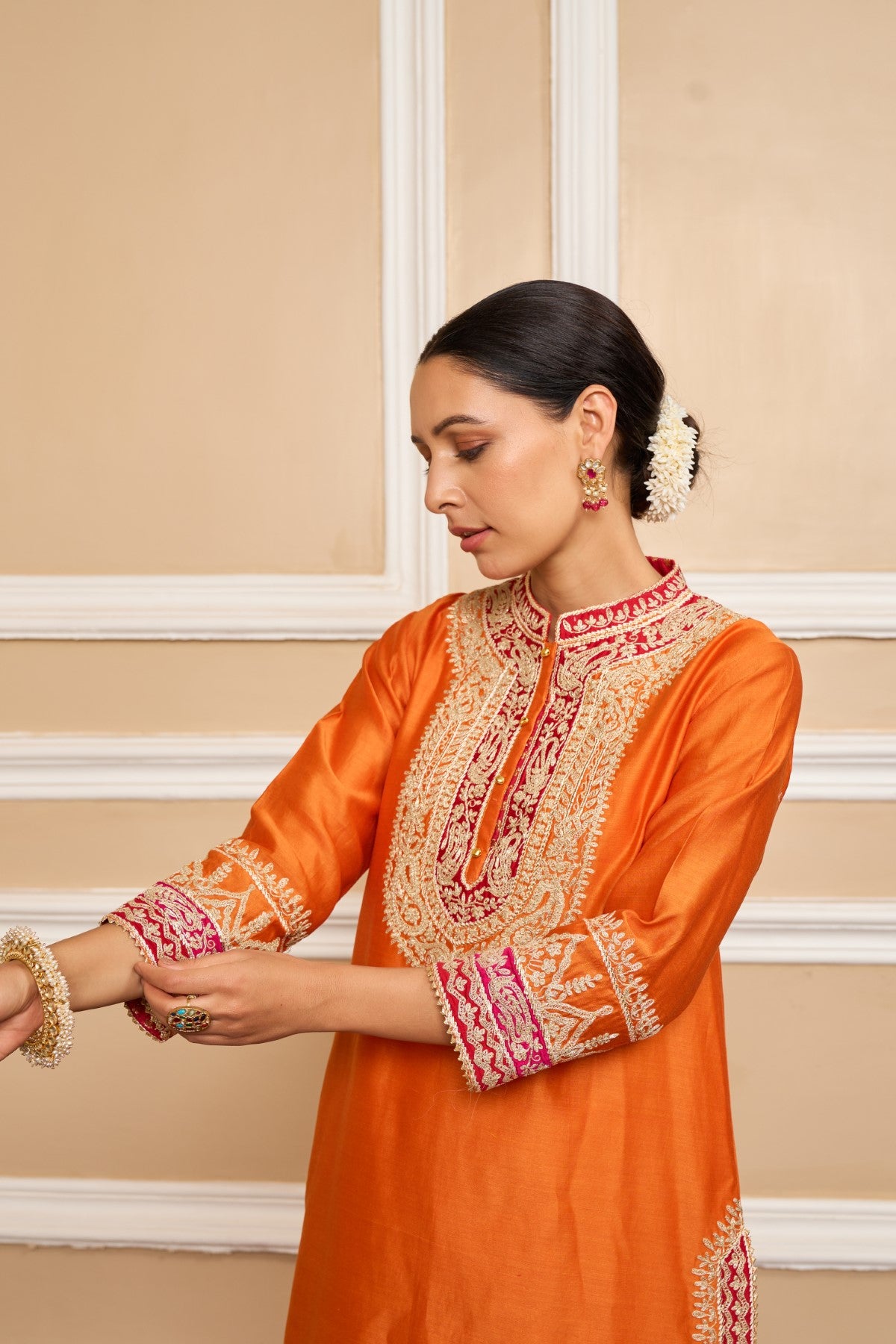 AFSAANA - ORANGE SHORT KURTA WITH SALWAR AND DUPATTA