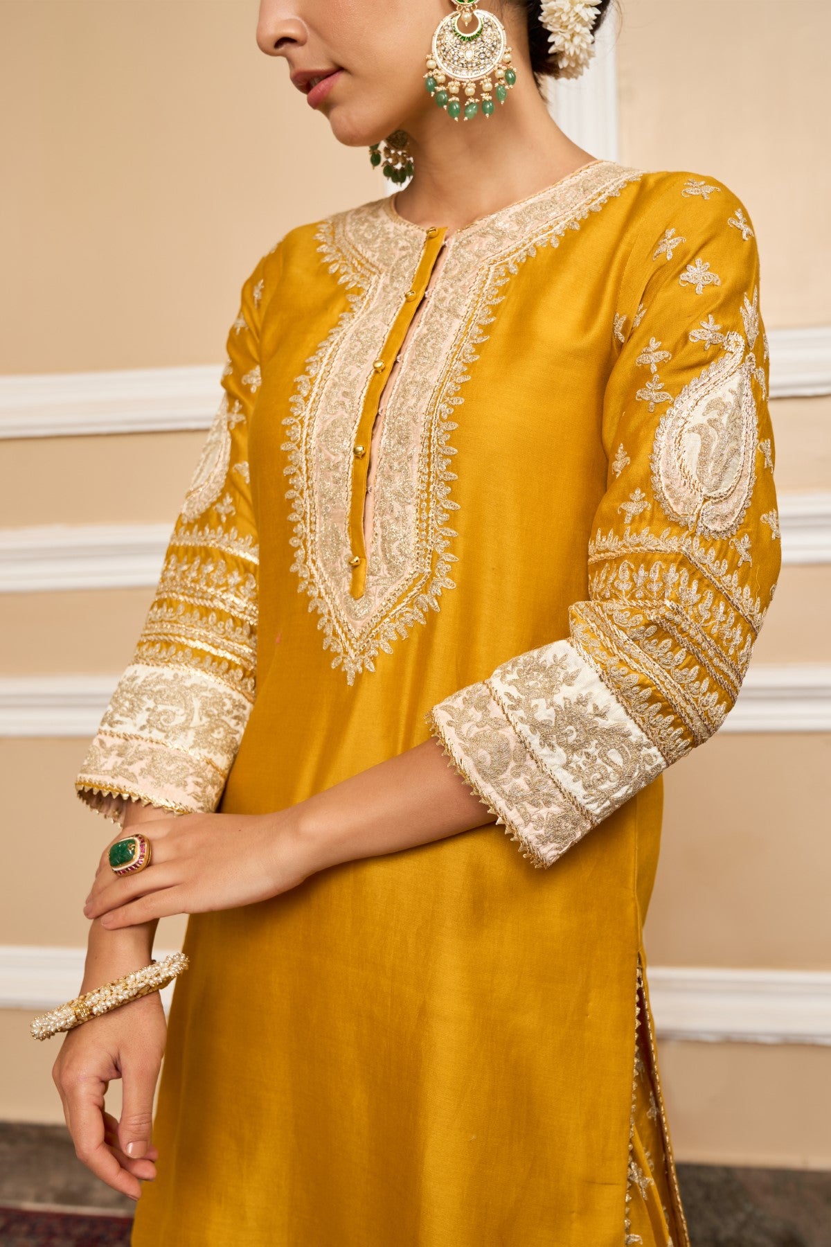 RAINA - GLAZE MUSTARD SHORT KURTA WITH SHARARA AND ODHNI