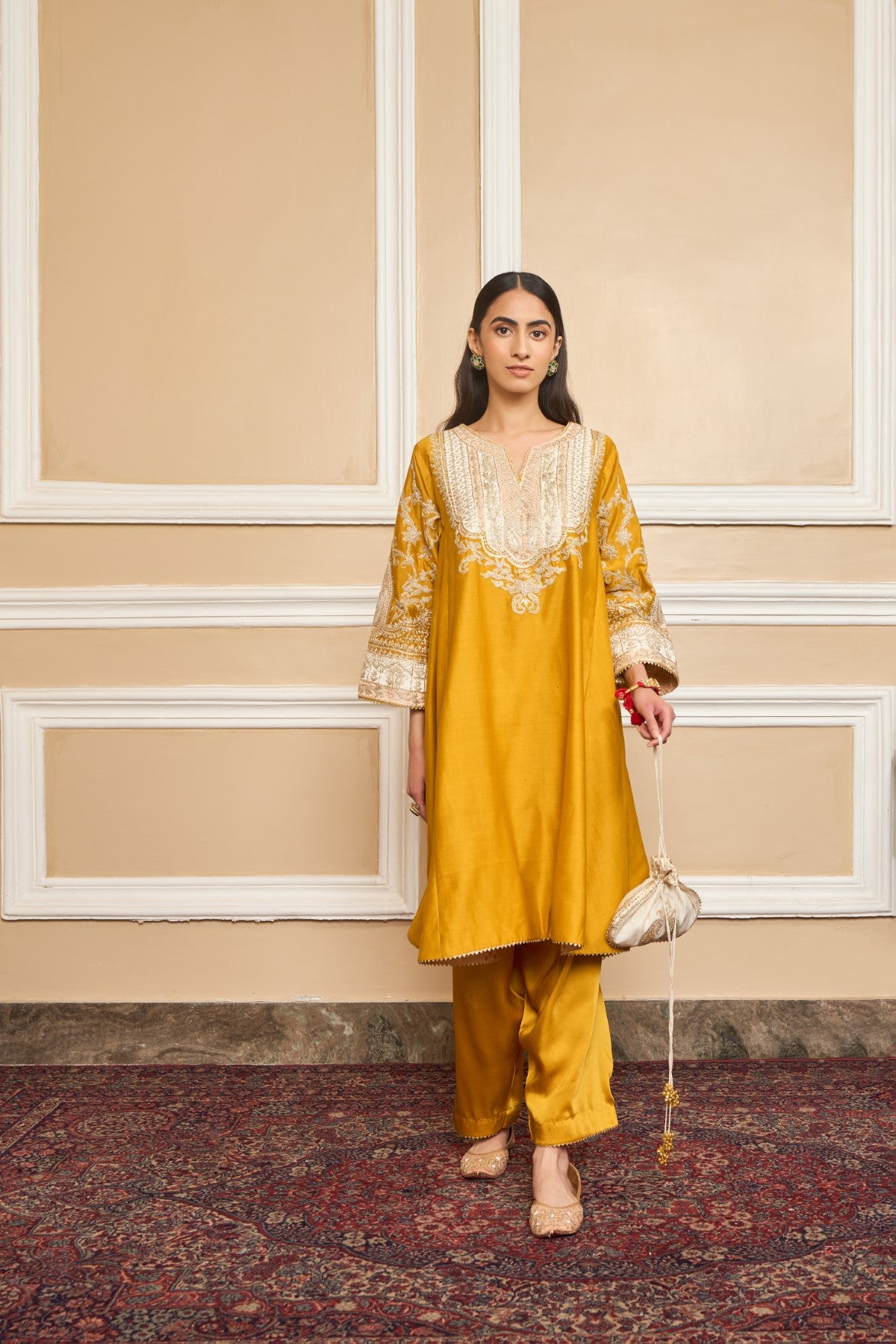 Dhriti Mehra IN MOHSINA - GLAZE MUSTARD SHORT KALIDAAR CHOGA WITH SALWAR