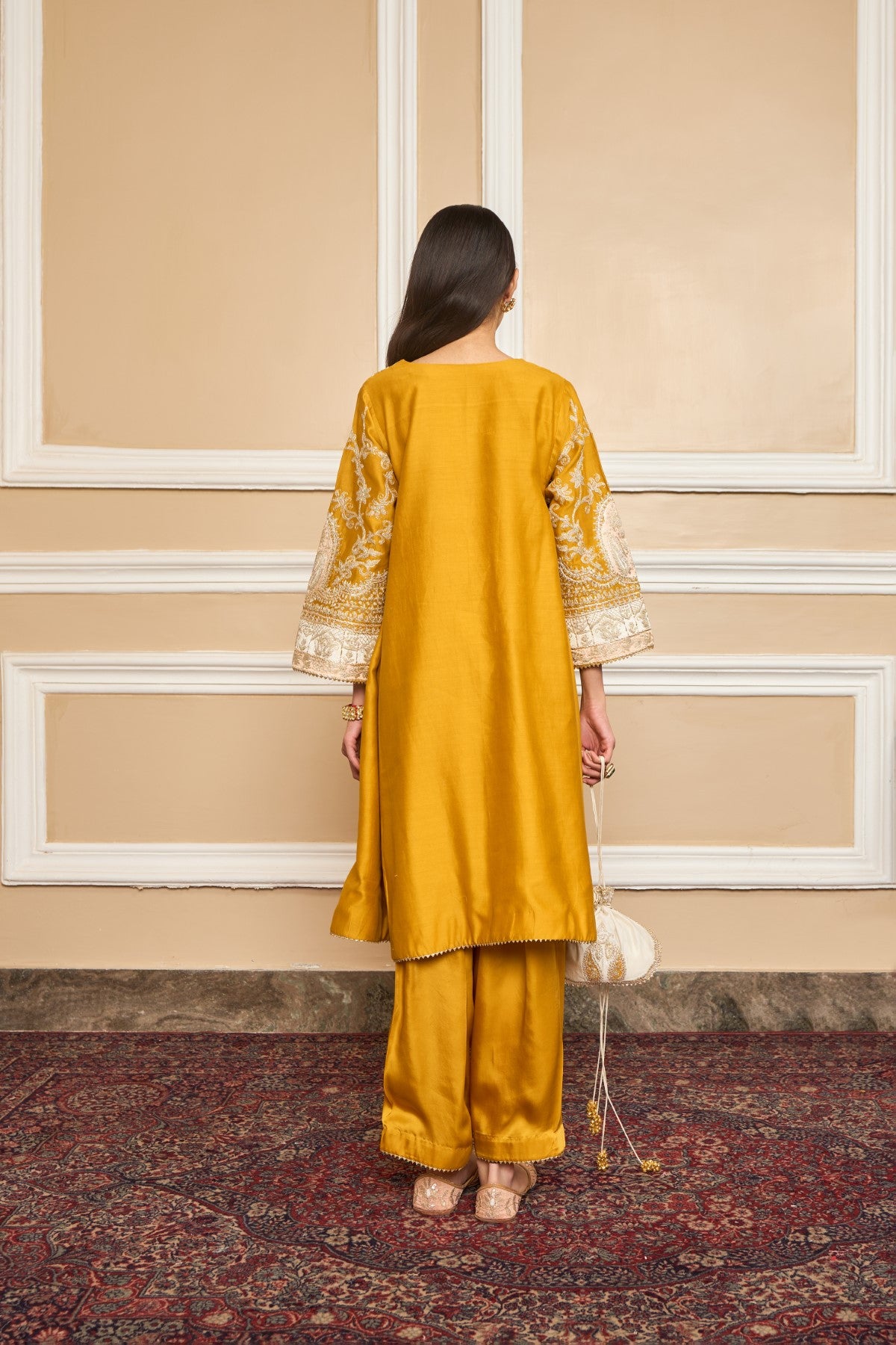 MOHSINA - GLAZE MUSTARD SHORT KALIDAAR CHOGA WITH SALWAR (RTS)