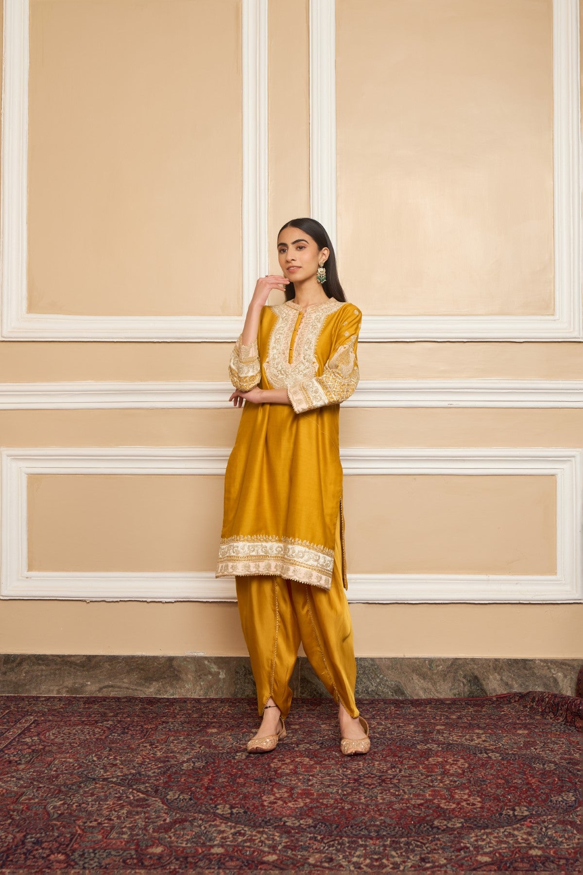 TARINI BHATIA IN MYREEN - GLAZE MUSTARD KURTA WITH DHOTI