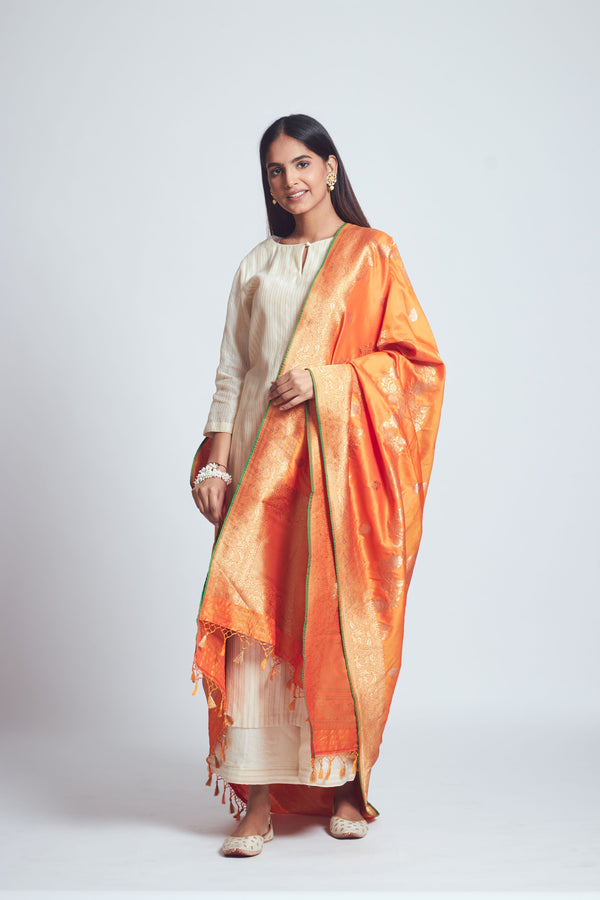 Royal Orange Silk Banarsi Dupatta