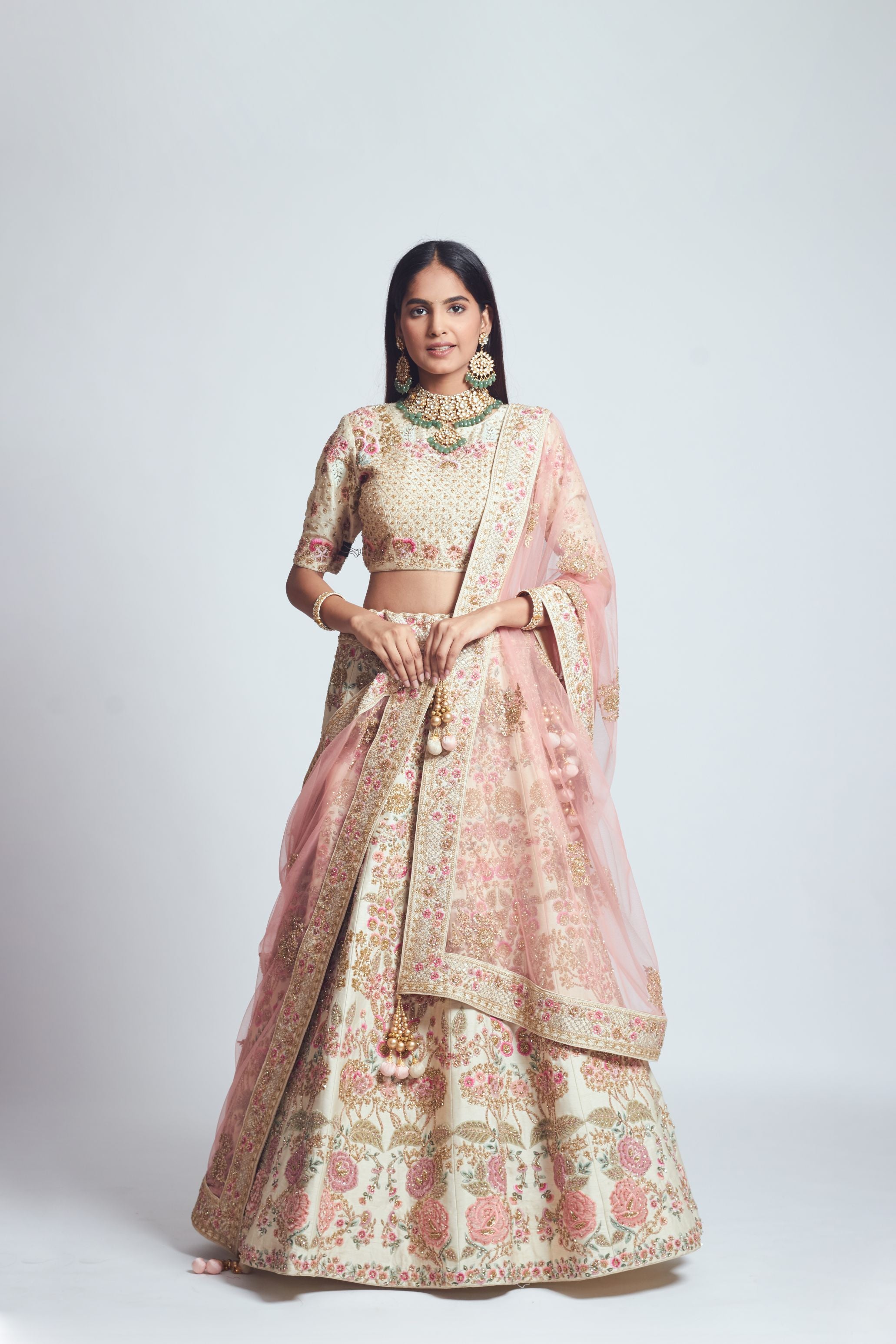 Parinaaz- Daisy Ivory & Blush Pink parsi & dabka zardozi embroidered lehenga