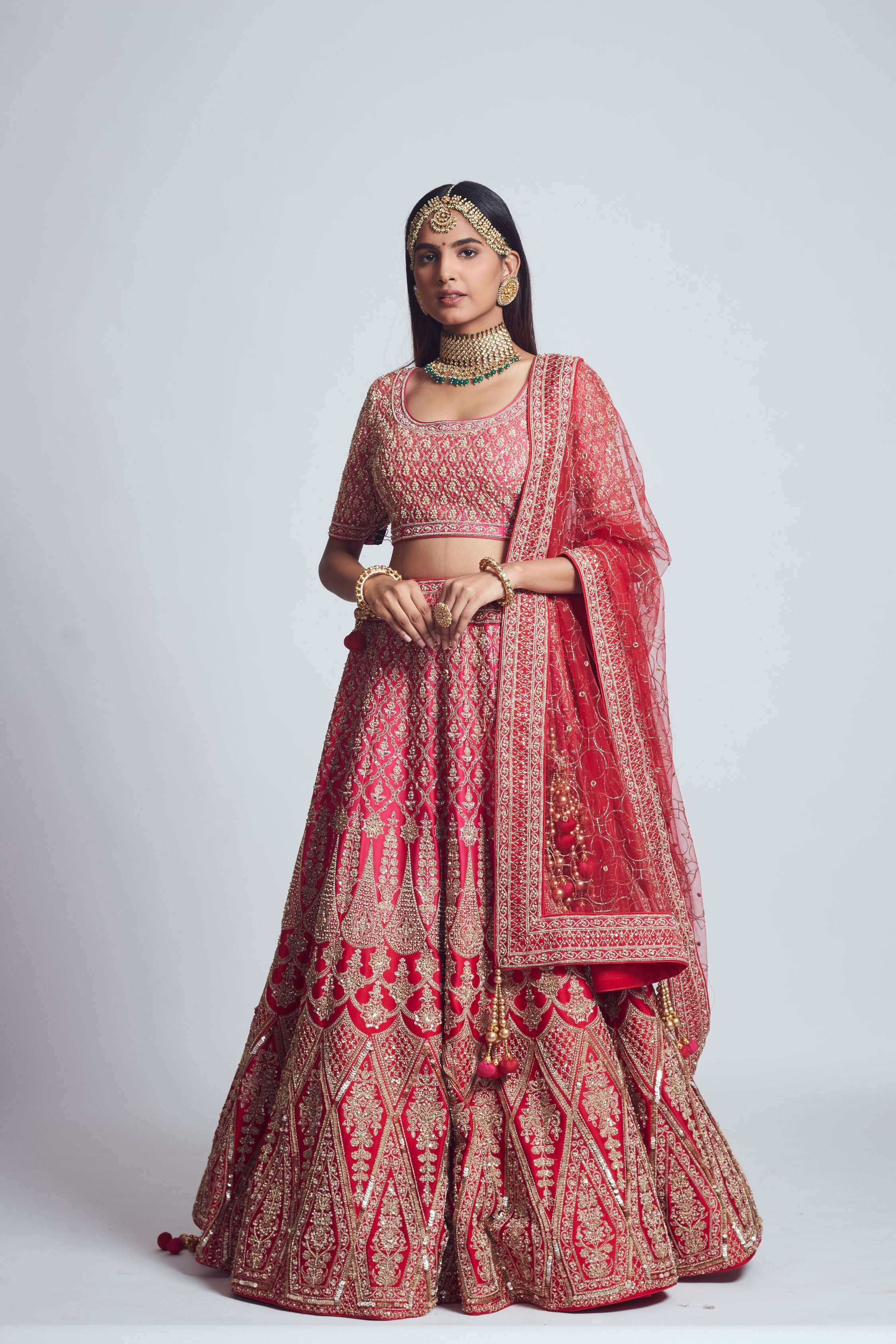 Pakeezah- Crimson red Dabka and Zardozi embroidered lehenga